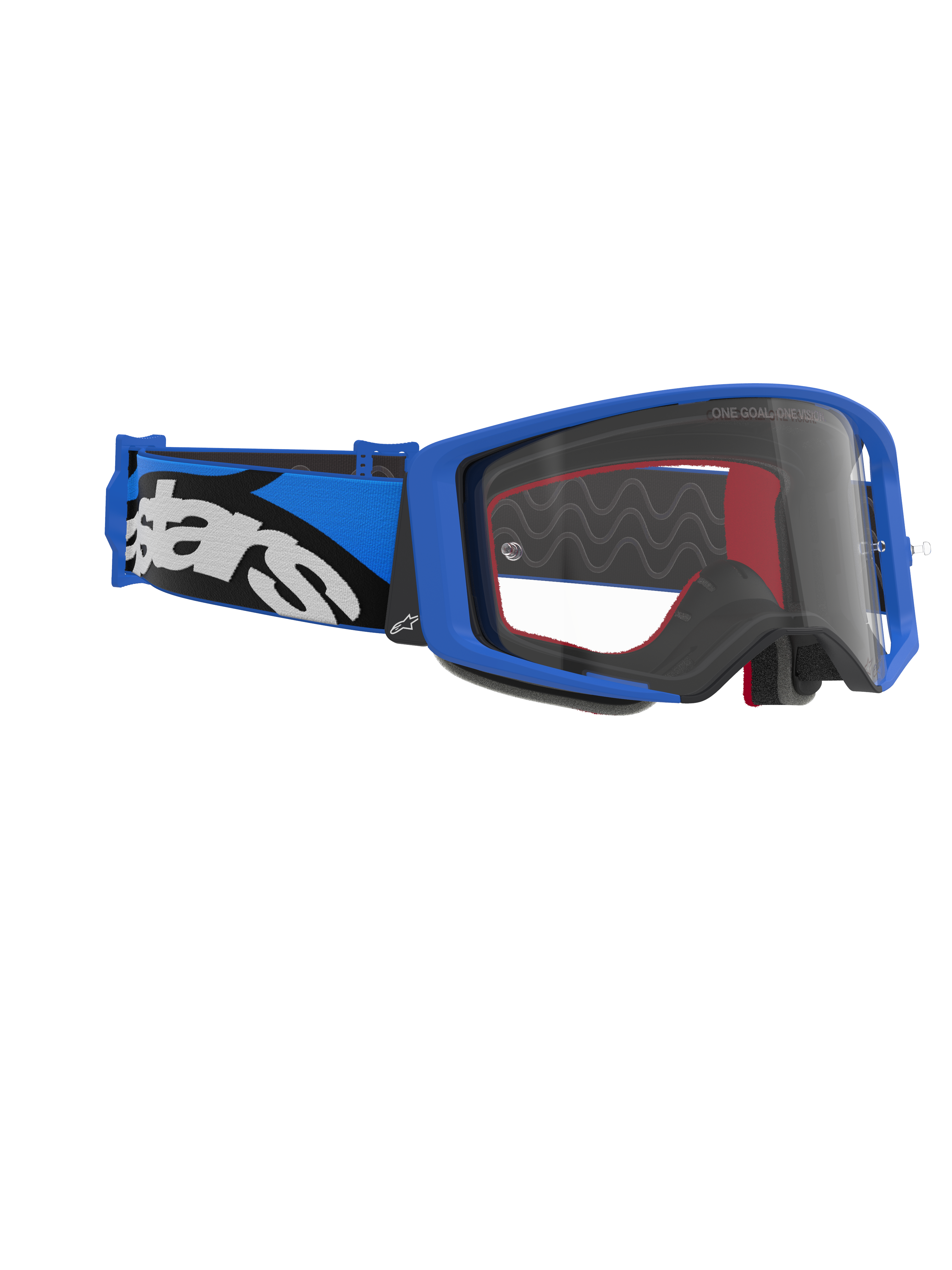 Alpinestars Supertech Stream Goggles, lunettes de motocross, monture bleue et écran clair, bandeau bleu et noir avec logo Alpinestars blanc, équipement de protection haute performance pour la course