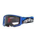 Lunettes Alpinestars Supertech Stream, masque de motocross, bleu et transparent, monture bleu vif avec écran transparent, large bandeau réglable bleu et noir avec logo « astars » blanc imposant, accents de mousse intérieure rouges, protection oculaire professionnelle pour le motocross et le tout-terrain