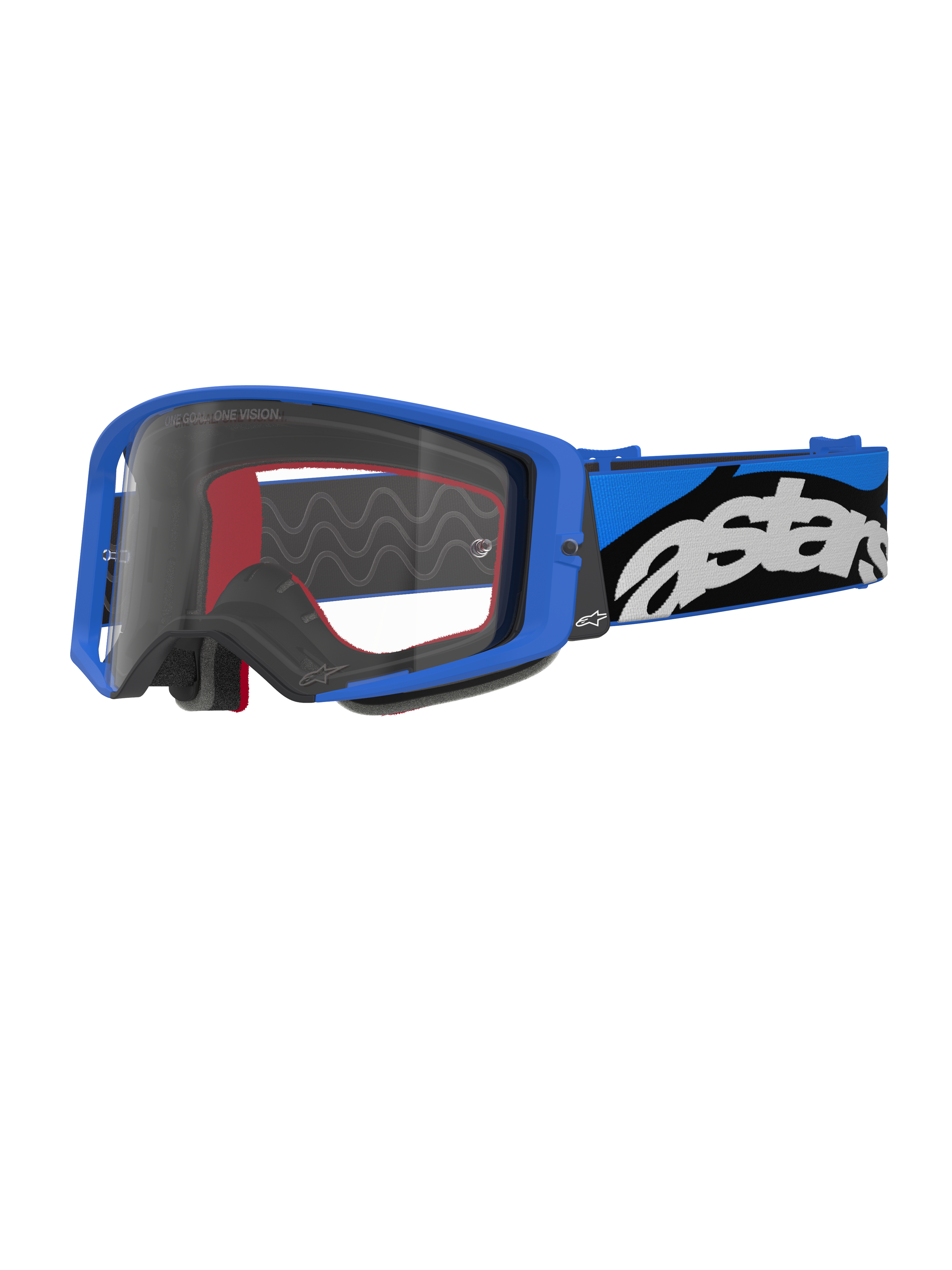 Lunettes Alpinestars Supertech Stream, masque de motocross, bleu et transparent, monture bleu vif avec écran transparent, large bandeau réglable bleu et noir avec logo « astars » blanc imposant, accents de mousse intérieure rouges, protection oculaire professionnelle pour le motocross et le tout-terrain