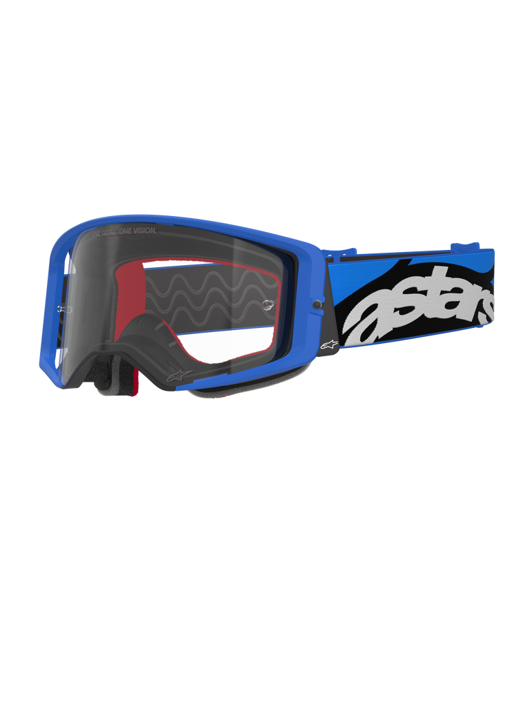 Alpinestars Supertech Stream Goggles, Motocross Goggles, Blue and Clear, bright blue frame with a clear lens, wide blue and black adjustable strap with a bold white 'astars' logo, red interior foam accents, professional eyewear for off-road and motocross racing