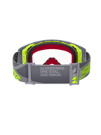 Masque Alpinestars Supertech Stream, lunettes de motocross, gris et jaune fluo, vue arrière montrant le bandeau gris réglable avec le texte 'ONE GOAL. ONE VISION.', écran transparent et mousse faciale multicouche, équipement de course tout-terrain professionnel