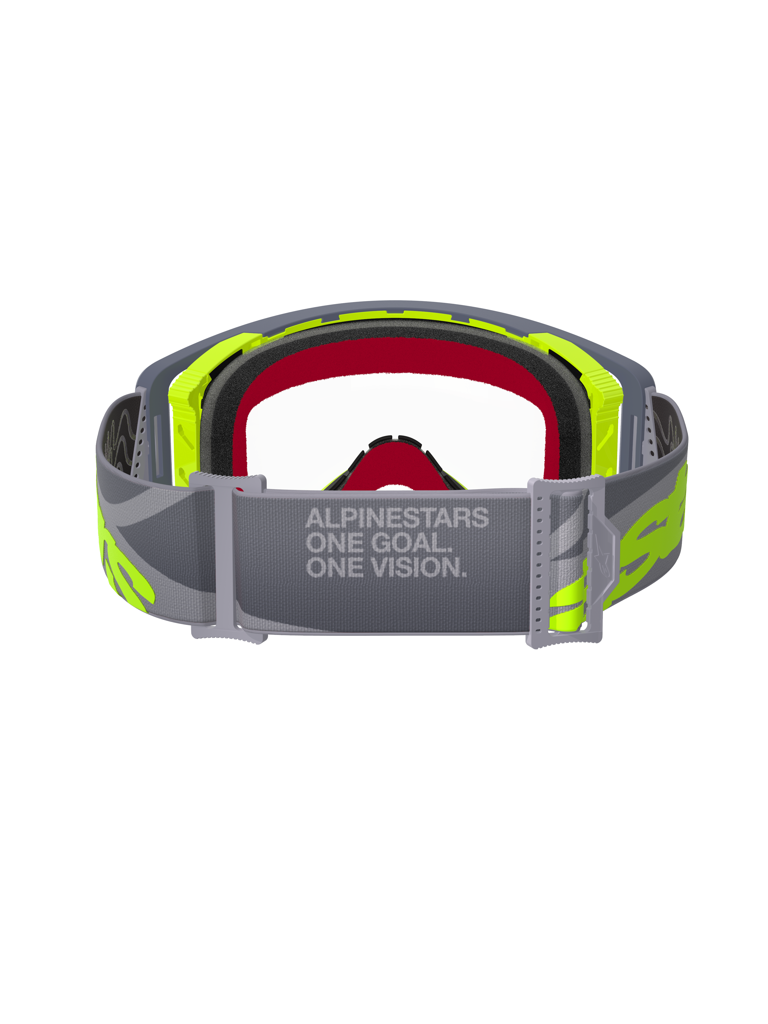 Masque Alpinestars Supertech Stream, lunettes de motocross, gris et jaune fluo, vue arrière montrant le bandeau gris réglable avec le texte 'ONE GOAL. ONE VISION.', écran transparent et mousse faciale multicouche, équipement de course tout-terrain professionnel