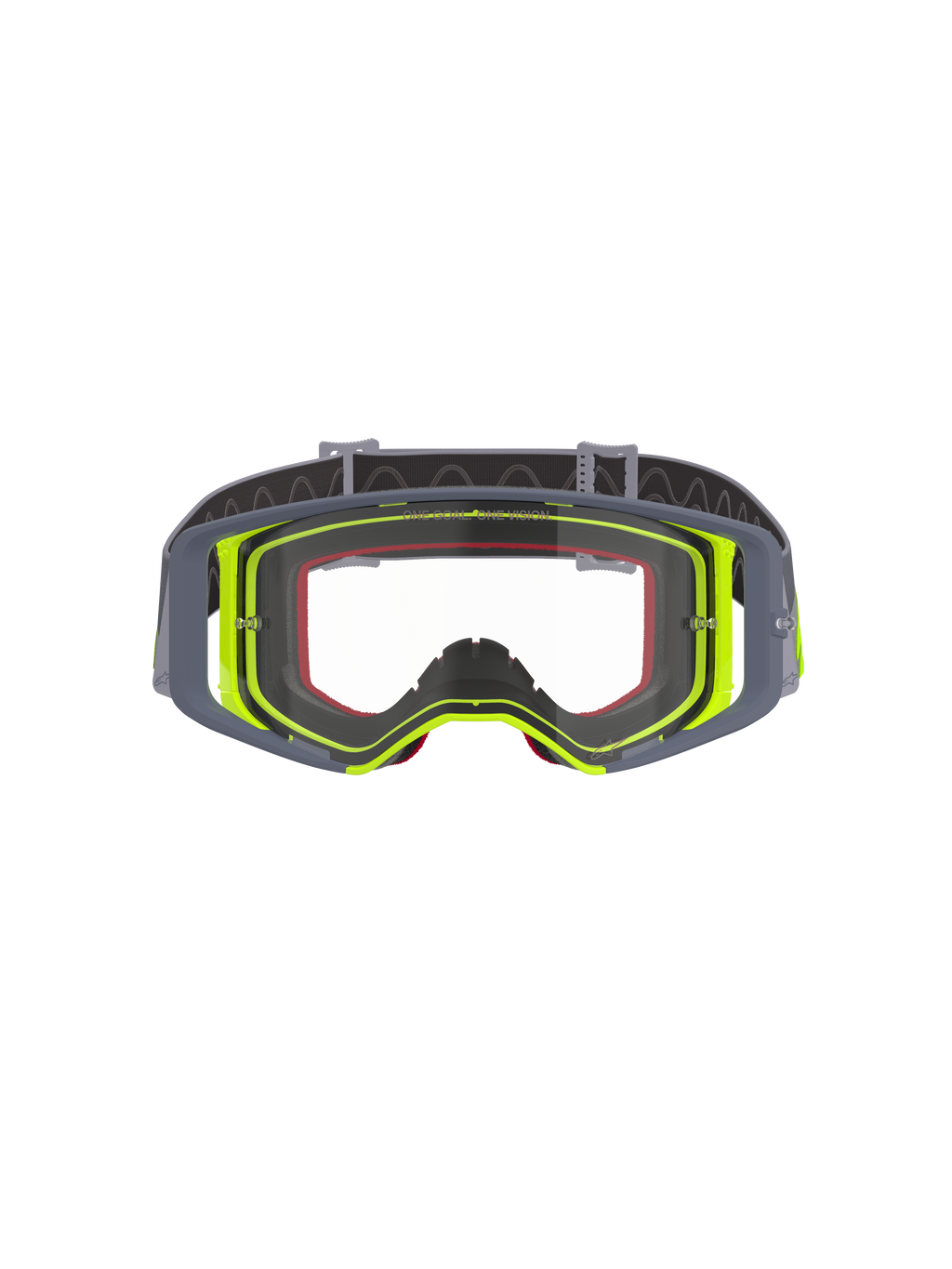 Masque de motocross Alpinestars Supertech Stream, monture grise et jaune fluo avec écran clair, vue de face illustrant le design à large vision et la construction technique de la monture, protection oculaire pour la course tout-terrain