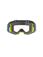 Masque de motocross Alpinestars Supertech Stream, monture grise et jaune fluo avec écran clair, vue de face illustrant le design à large vision et la construction technique de la monture, protection oculaire pour la course tout-terrain