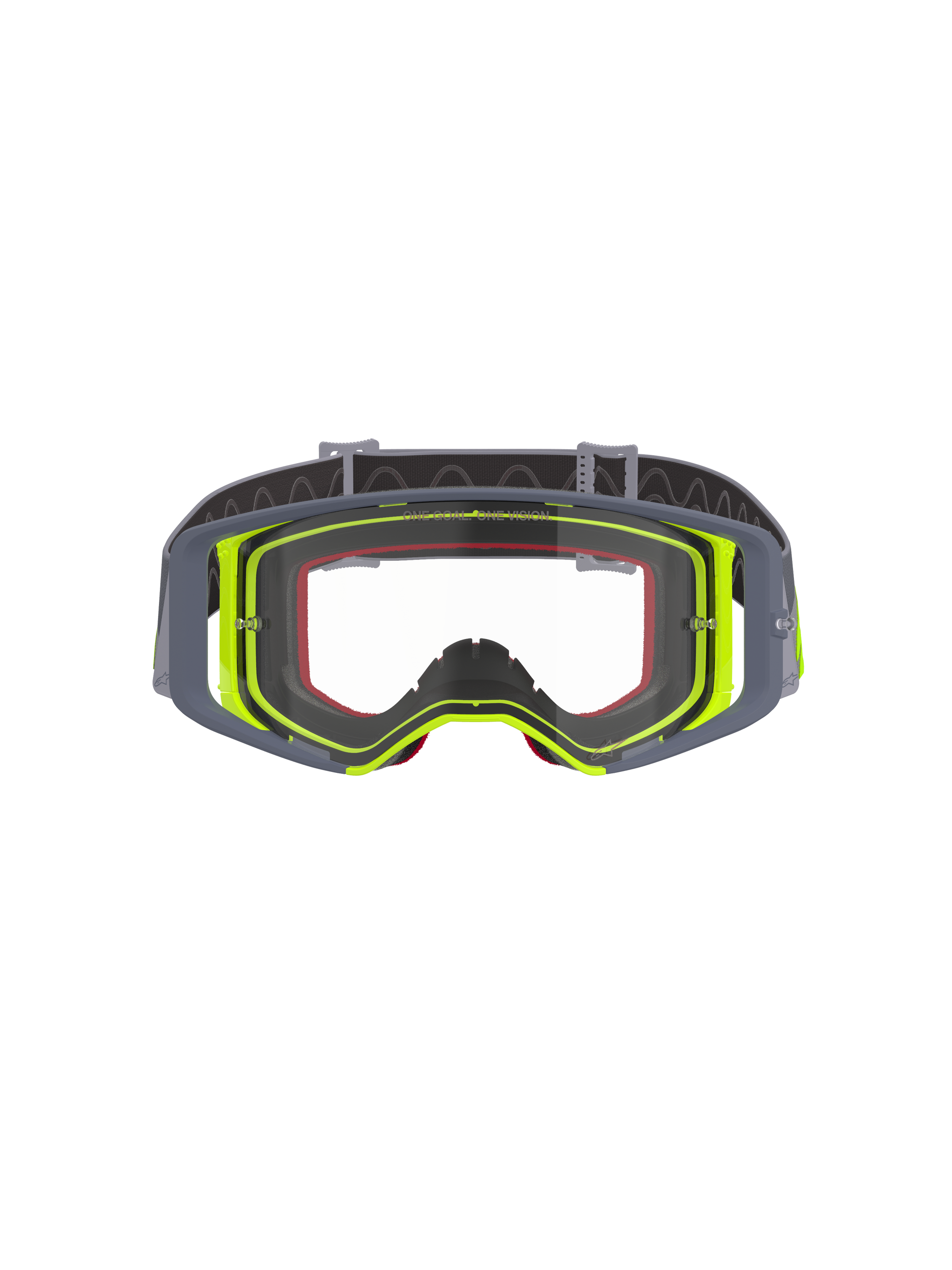 Alpinestars Supertech Stream Goggles, Motocross Goggles, Gray and Fluorescent Yellow frame with Clear lens, front view showing the wide vision design and technical frame construction, off-road racing eye protection