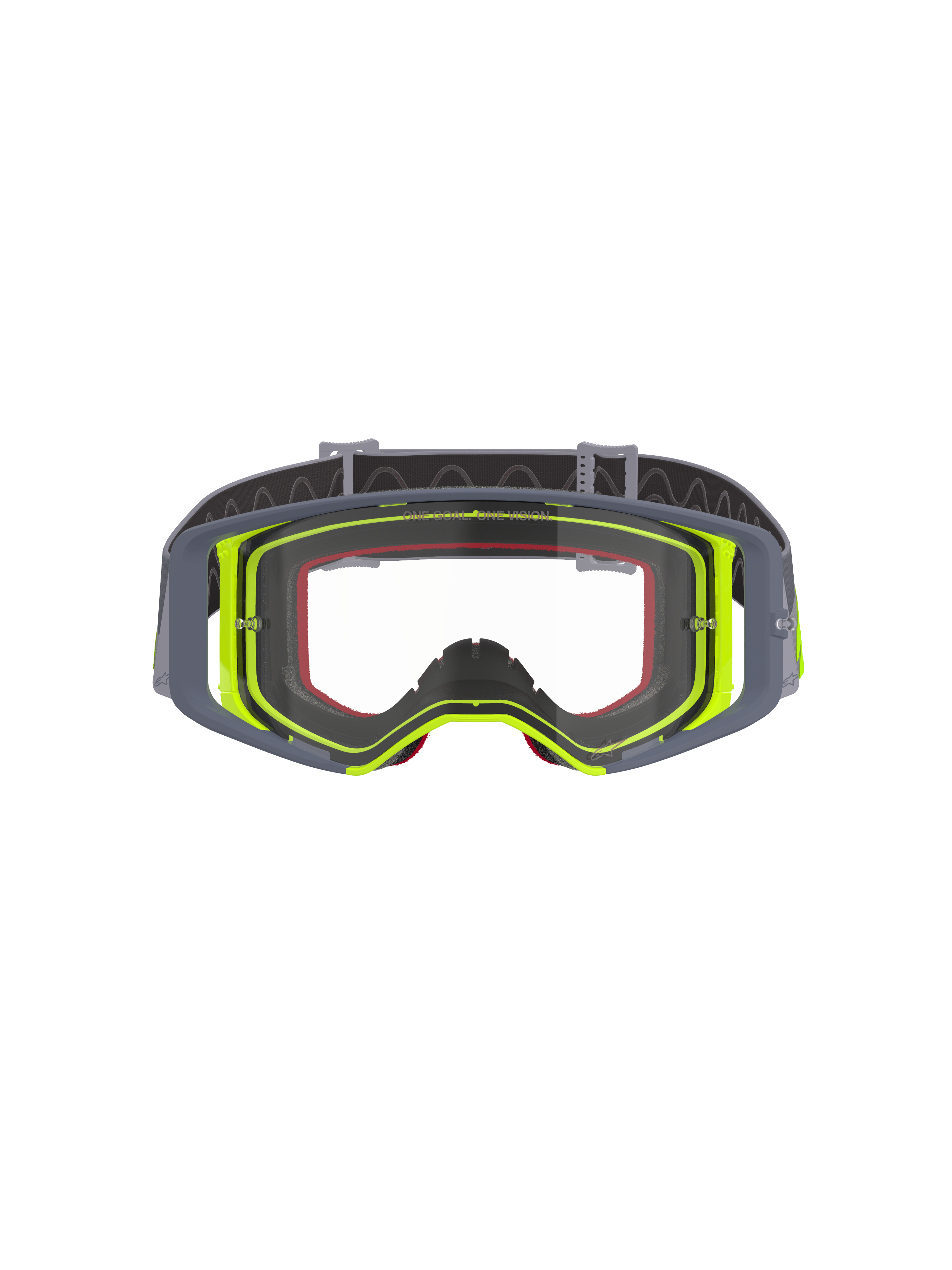 Masque de motocross Alpinestars Supertech Stream, monture grise et jaune fluo avec écran clair, vue de face illustrant le design à large vision et la construction technique de la monture, protection oculaire pour la course tout-terrain