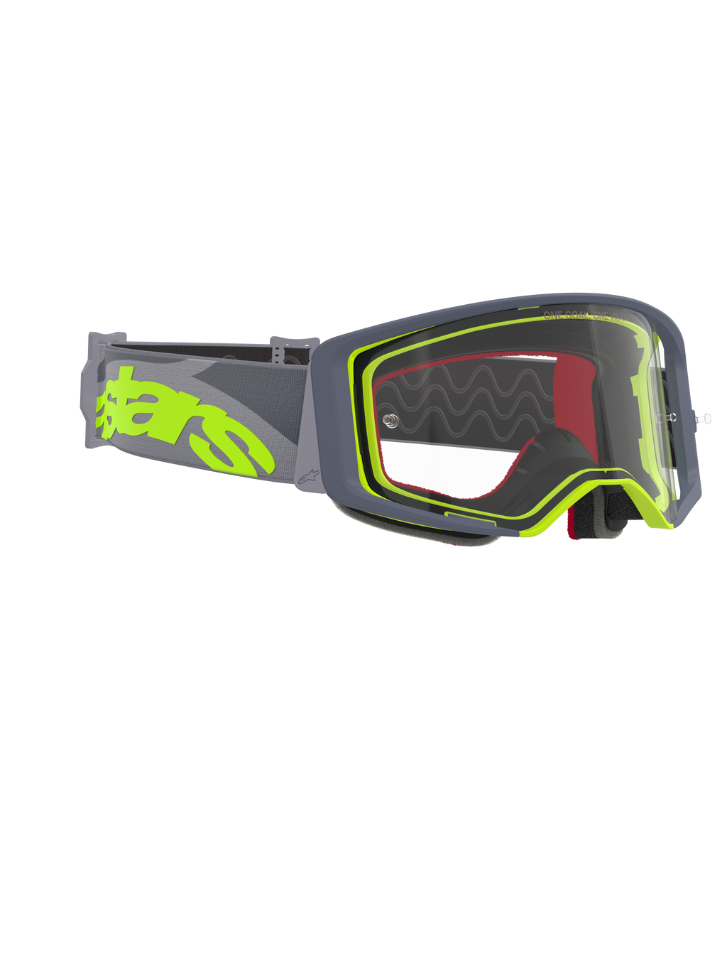 Lunettes Alpinestars Supertech Stream, masque de motocross, monture grise et jaune fluo avec écran clair, doté d'un large bandeau gris avec un grand logo jaune fluo, conçu pour la performance en motocross et tout-terrain
