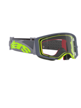 Alpinestars Supertech Stream Goggles, Motocross Goggles, Gray and Fluo Yellow frame with clear lens, featuring a wide gray strap with a large fluo yellow logo, designed for off-road and motocross racing performance