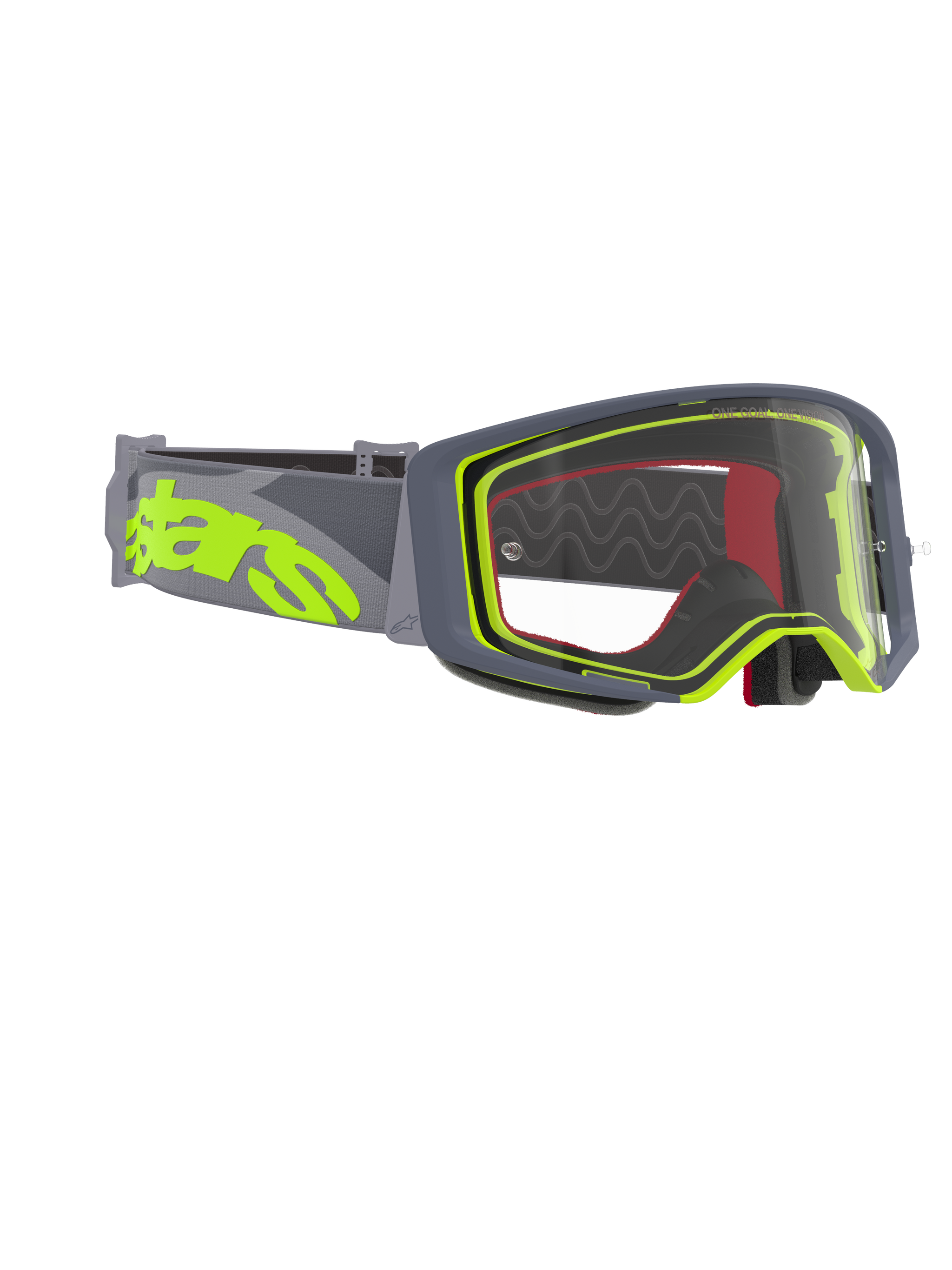 Alpinestars Supertech Stream Goggles, Motocross Goggles, Gray and Fluo Yellow frame with clear lens, featuring a wide gray strap with a large fluo yellow logo, designed for off-road and motocross racing performance