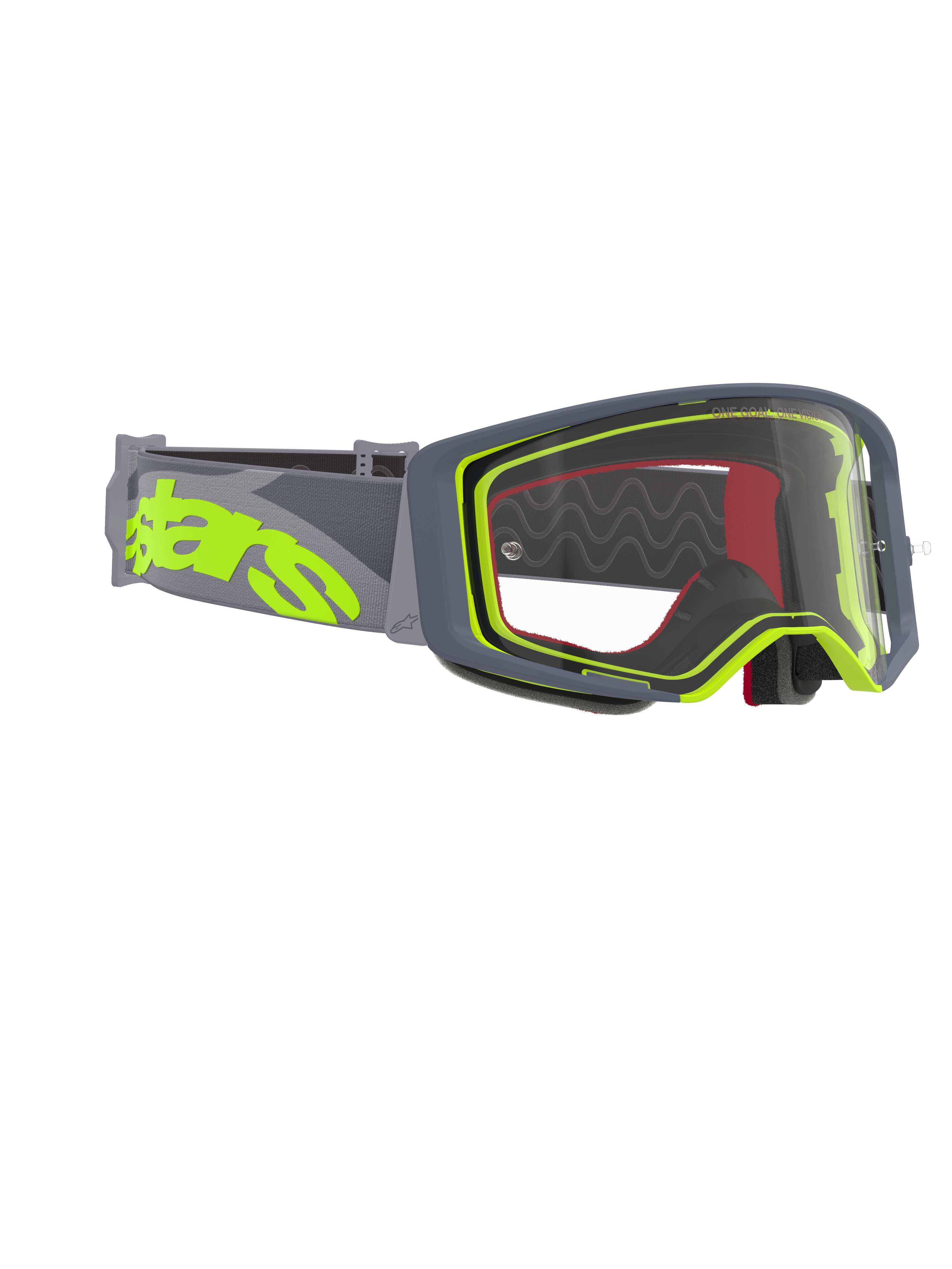 Lunettes Alpinestars Supertech Stream, masque de motocross, monture grise et jaune fluo avec écran clair, doté d'un large bandeau gris avec un grand logo jaune fluo, conçu pour la performance en motocross et tout-terrain