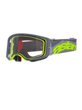 Masque de motocross Alpinestars Supertech Stream, gris et jaune fluo, écran clair avec monture grise, mousse intérieure rouge, large bandeau gris avec logo astars jaune fluo, lunettes de protection professionnelles pour le tout-terrain
