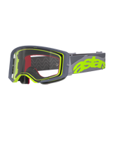 Alpinestars Supertech Stream Goggles, Motocross Goggles, Gray and Yellow Fluo, clear lens with gray frame, red interior foam, wide gray strap with bold neon yellow astars branding, professional off-road racing eyewear.