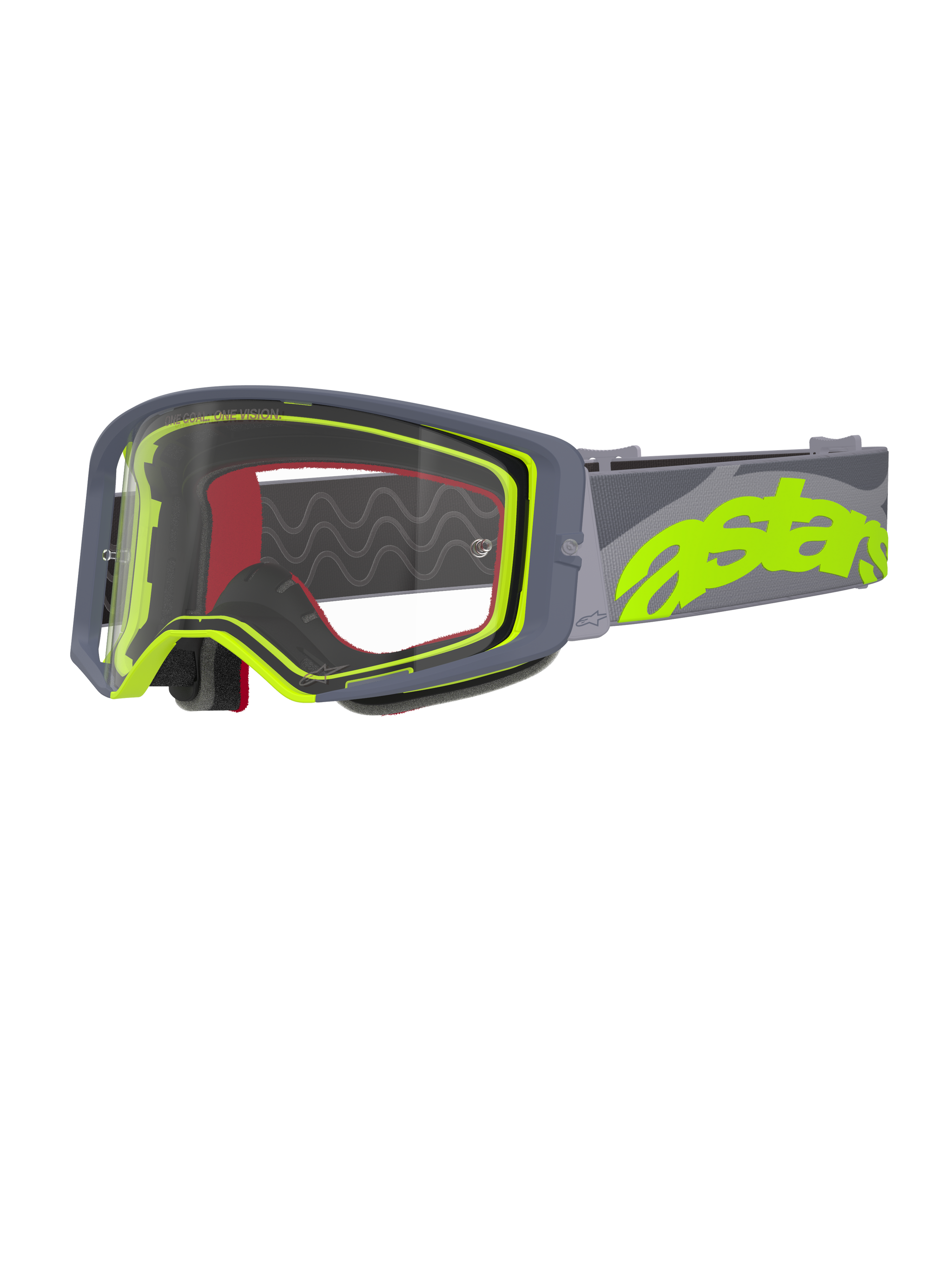 Alpinestars Supertech Stream Goggles, Motocross Goggles, Gray and Yellow Fluo, clear lens with gray frame, red interior foam, wide gray strap with bold neon yellow astars branding, professional off-road racing eyewear.