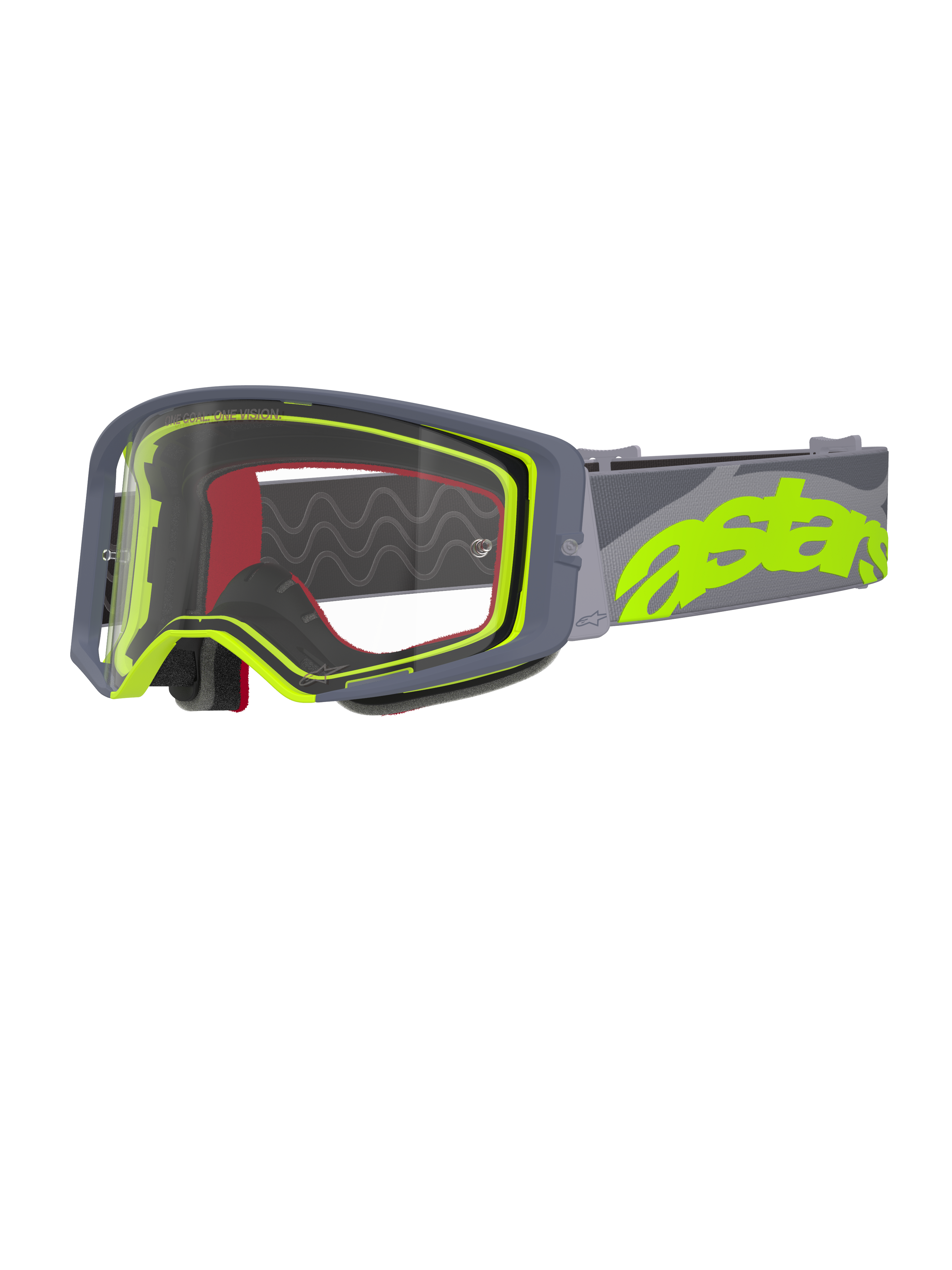 Masque de motocross Alpinestars Supertech Stream, gris et jaune fluo, écran clair avec monture grise, mousse intérieure rouge, large bandeau gris avec logo astars jaune fluo, lunettes de protection professionnelles pour le tout-terrain