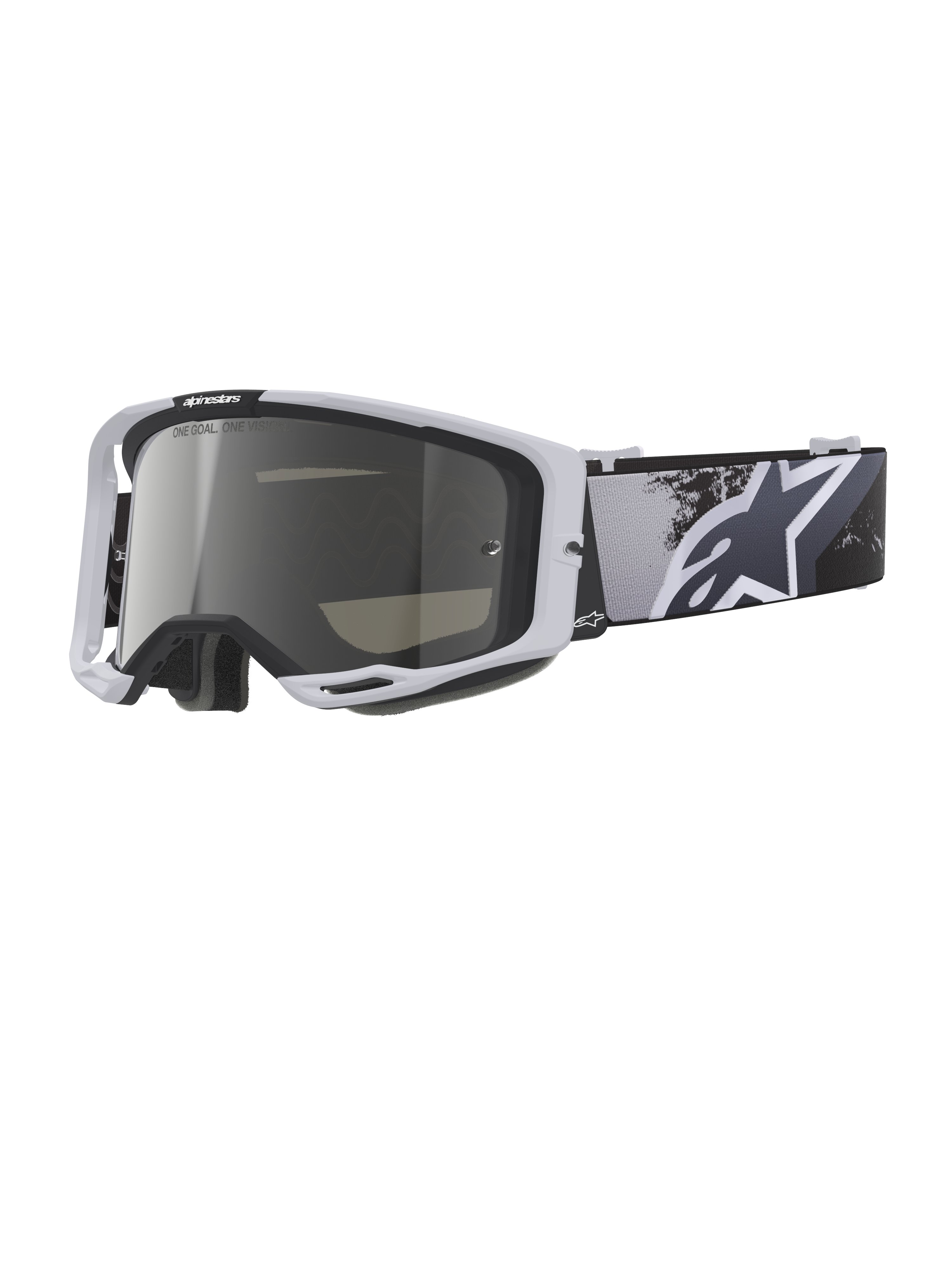 Alpinestars Vision 8 Lahnd Goggles, Motocross Goggles, Iron Camo Mirror Silver, white frame with a silver mirrored lens, grayscale camouflage strap featuring a large white star logo, high-performance eyewear for off-road racing