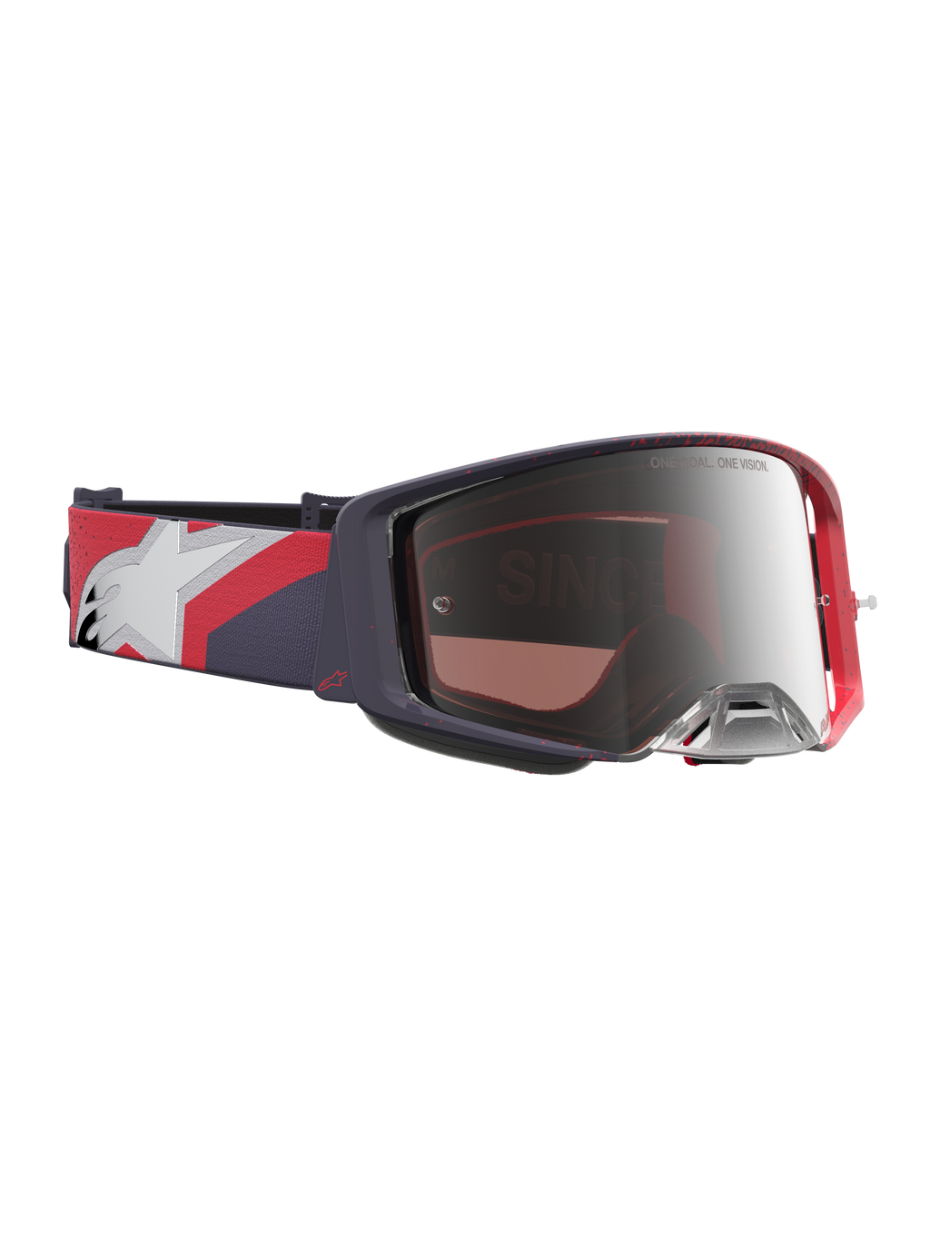 Alpinestars Supertech Hiten, masque de motocross noir et rouge avec écran miroir argenté et sangle graphique réglable.