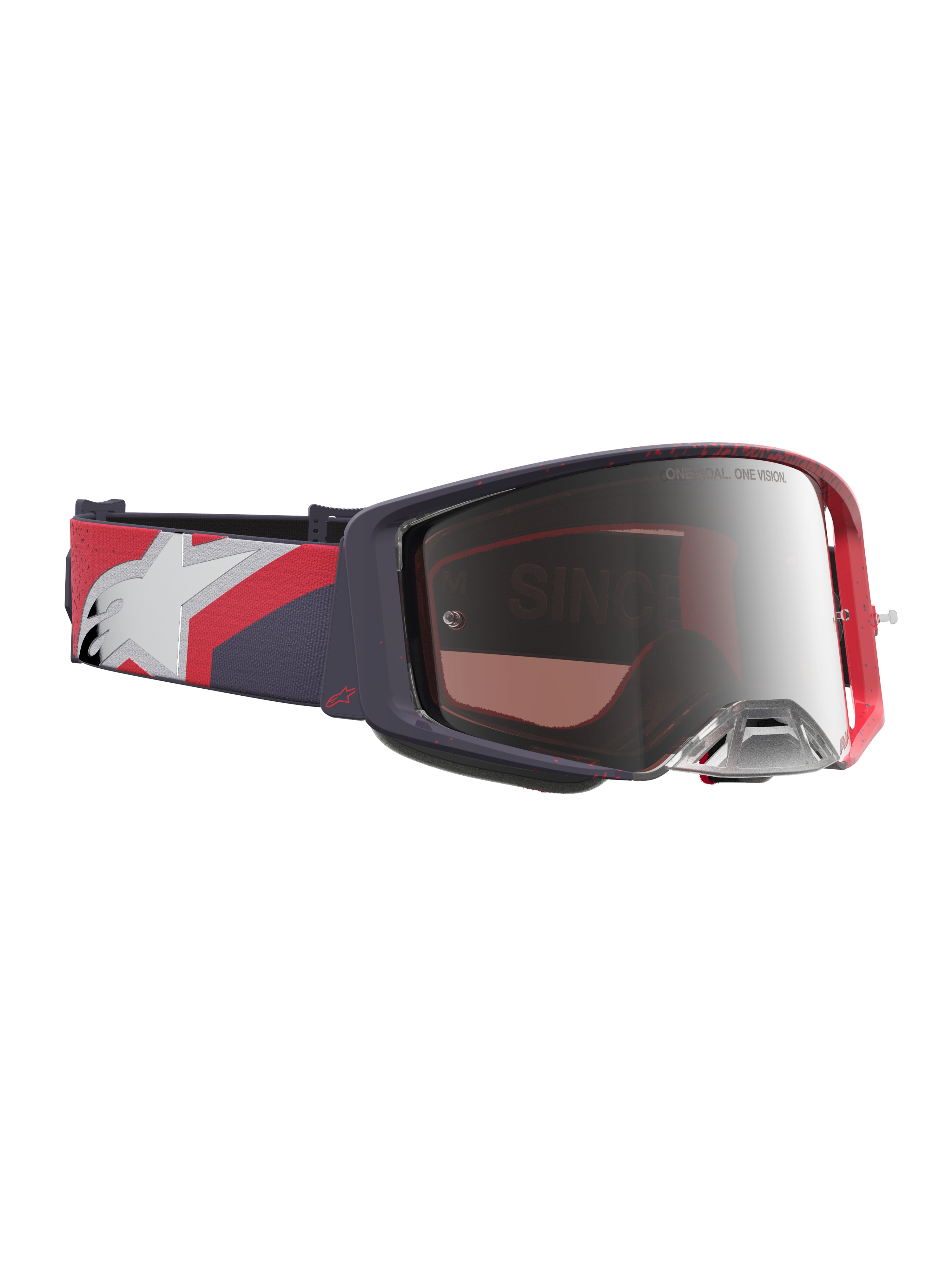 Alpinestars Supertech Hiten, masque de motocross noir et rouge avec écran miroir argenté et sangle graphique réglable.