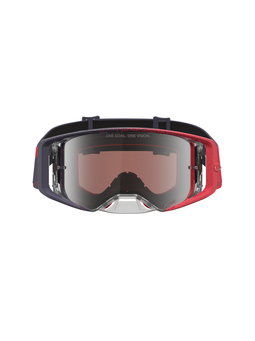 Masque Alpinestars Supertech Hiten, masque de motocross noir et rouge, lentille argentée miroir, slogan One Goal. One Vision.