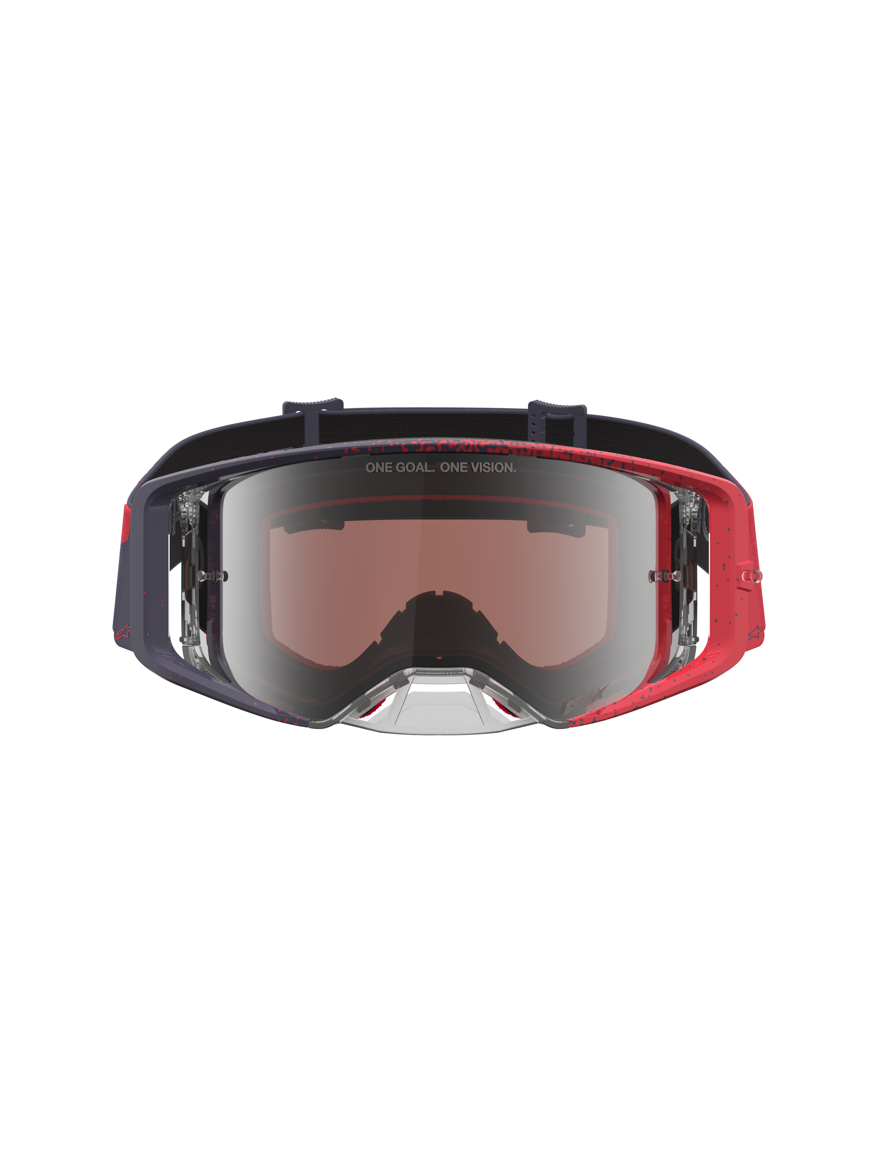 Masque Alpinestars Supertech Hiten, masque de motocross noir et rouge, lentille argentée miroir, slogan One Goal. One Vision.