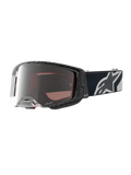 Alpinestars Supertech Hiten Goggles for motocross racing, black and white with a silver mirror lens and wide peripheral vision.