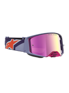 Masque Alpinestars Supertech Hiten, équipement de motocross et off-road, monture violette, écran miroir rose et rouge, bandeau avec logo Astars orange