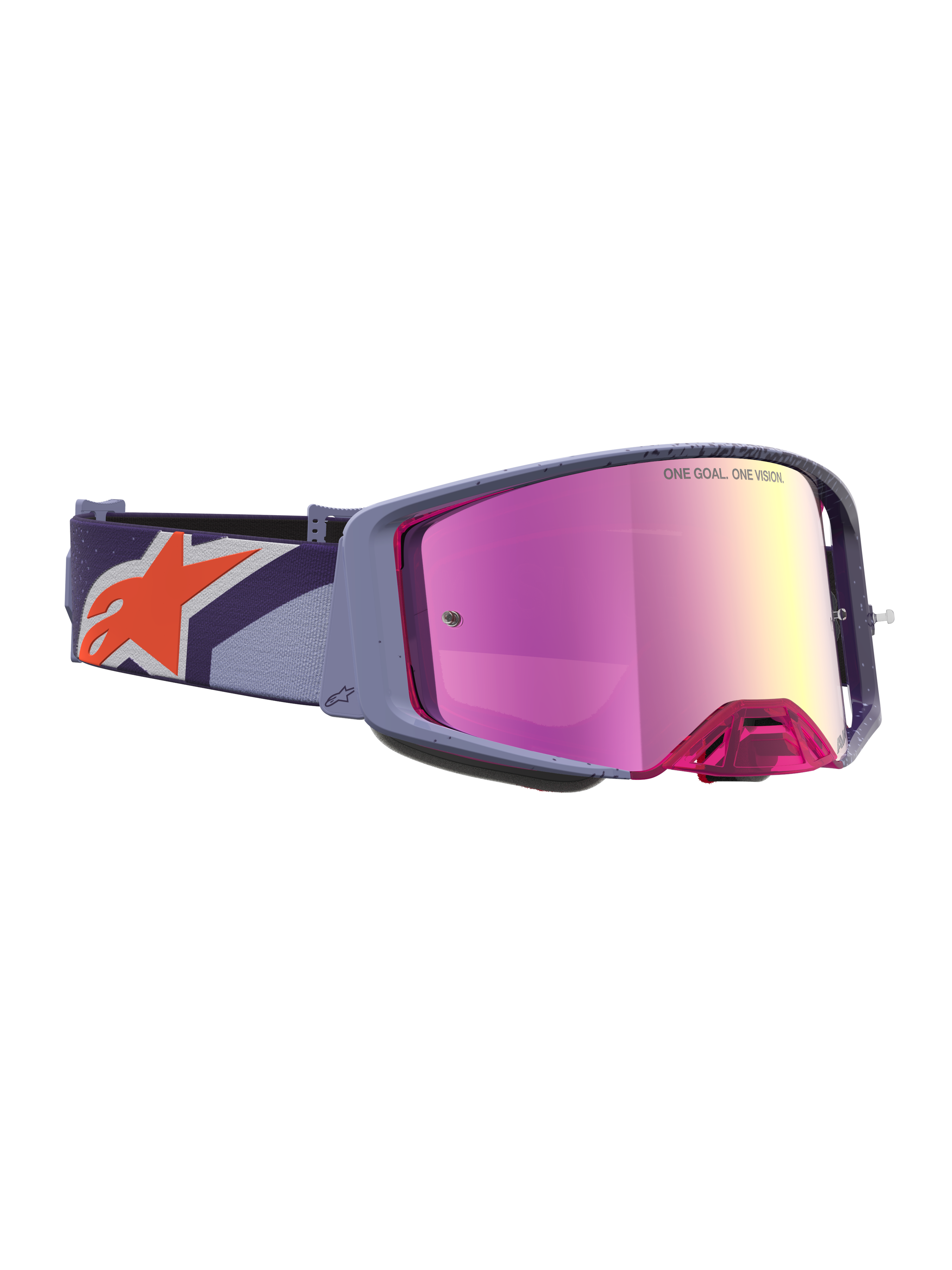 Masque Alpinestars Supertech Hiten, équipement de motocross et off-road, monture violette, écran miroir rose et rouge, bandeau avec logo Astars orange