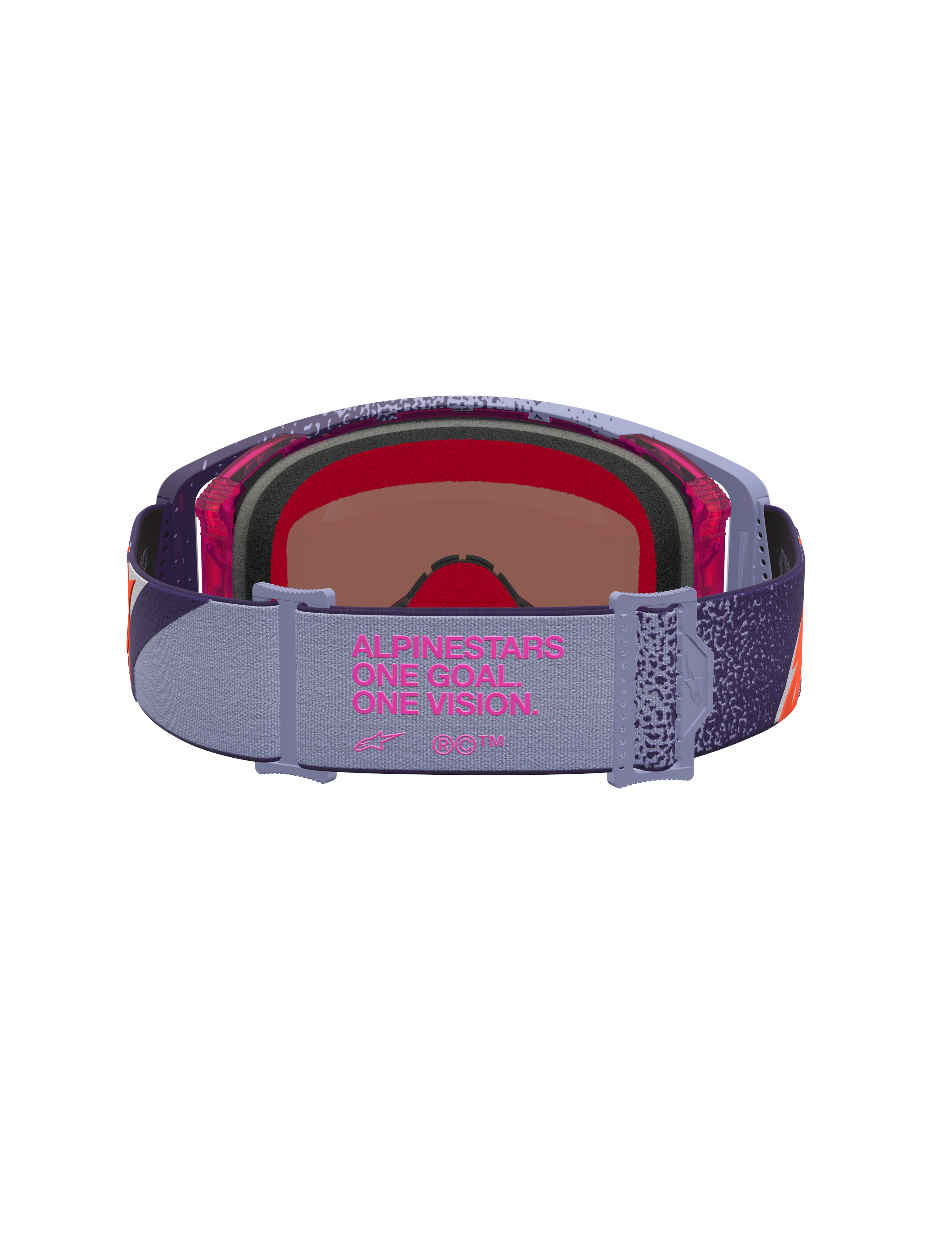 Masque Alpinestars Supertech Hiten, masque de motocross violet et rouge avec écran miroir rose et bandeau élastique marqué.
