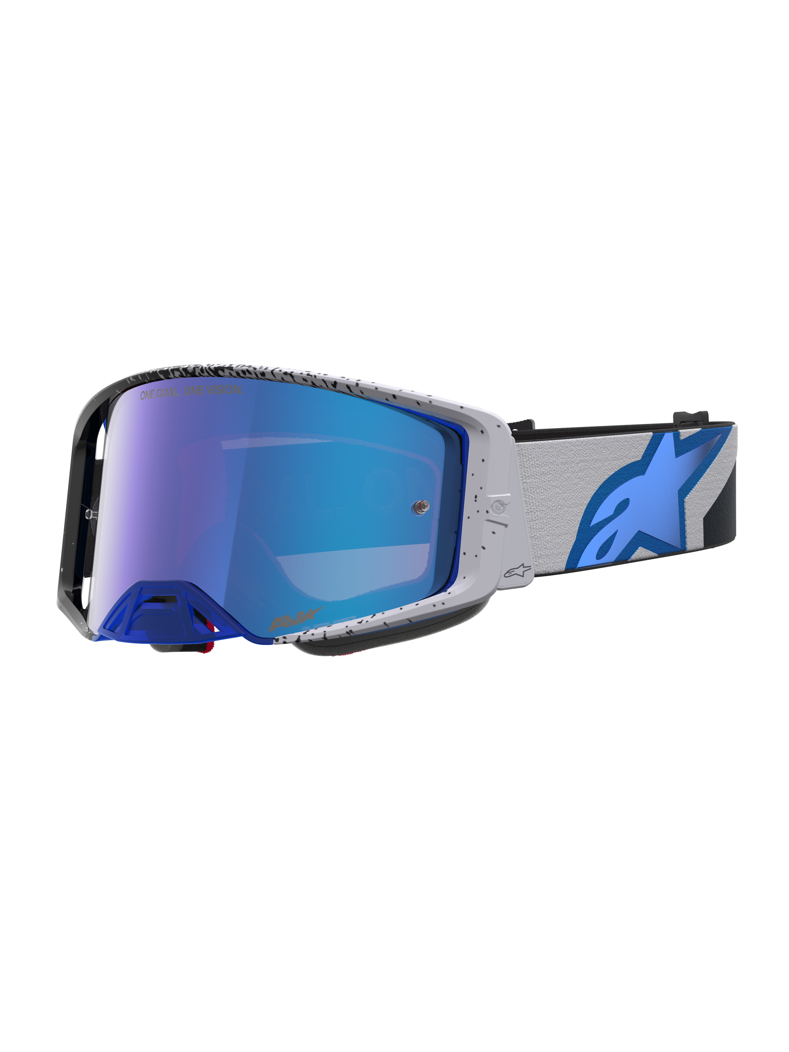 Alpinestars Supertech Hiten, masque de motocross professionnel gris clair et bleu avec écran miroir haute performance.