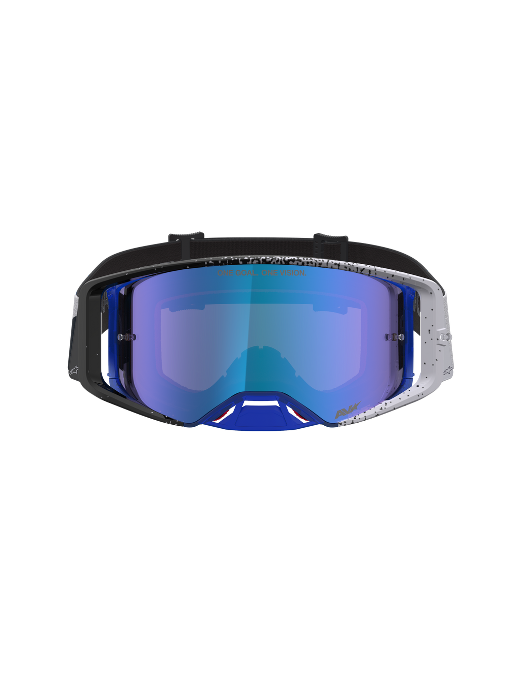 Alpinestars Supertech Hiten Motocross Goggles with a blue mirror lens and black and blue speckled frame design.