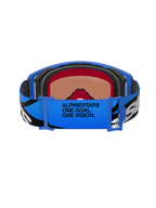 Alpinestars Supertech Stream Goggles, Motocross Goggles, Blue Mirror Blue, back view showing blue adjustable strap with black and white graphics and 'ALPINESTARS ONE GOAL. ONE VISION.' text, multi-layer face foam for comfort and seal