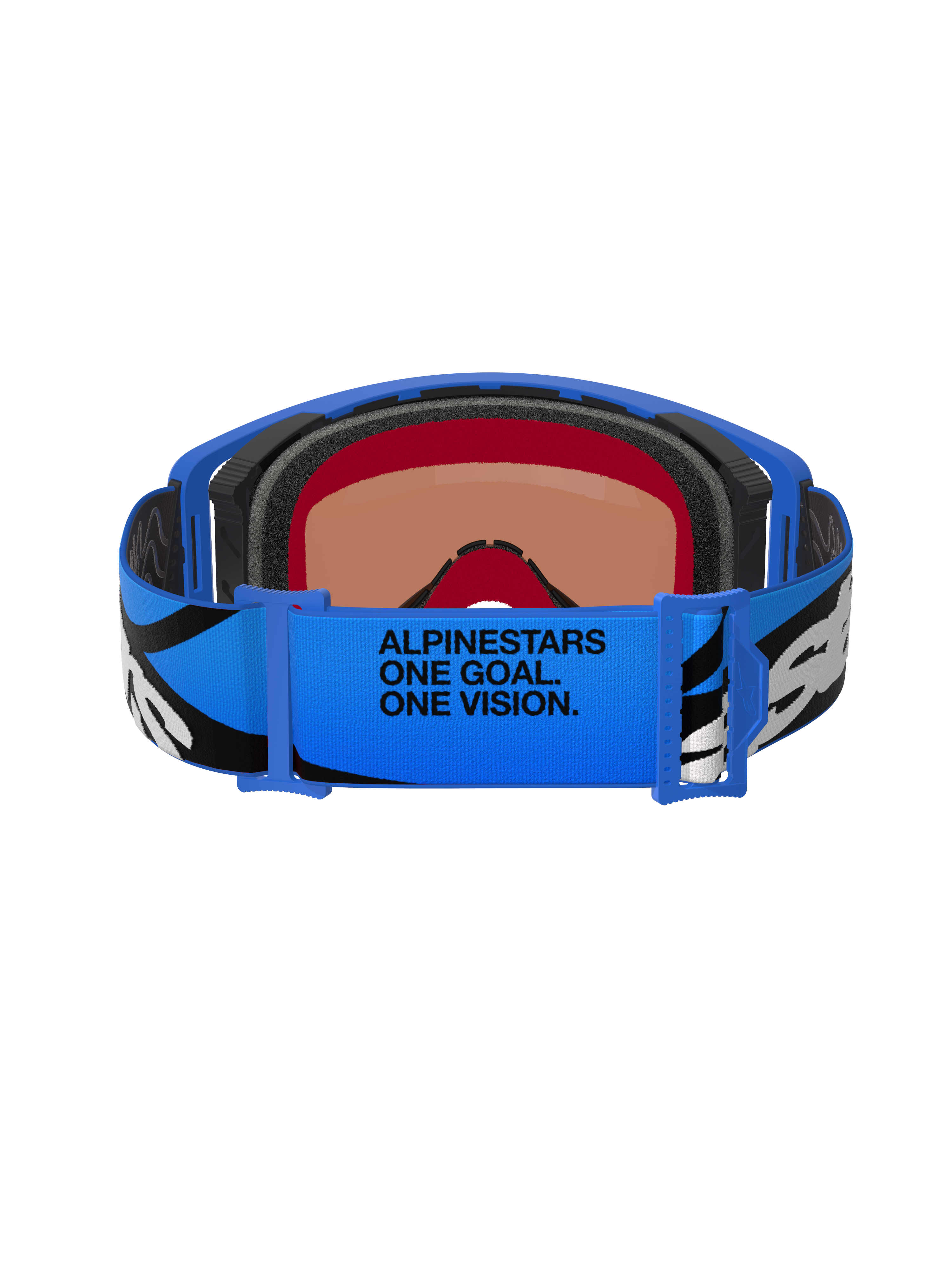 Alpinestars Supertech Stream Goggles, Motocross Goggles, Blue Mirror Blue, back view showing blue adjustable strap with black and white graphics and 'ALPINESTARS ONE GOAL. ONE VISION.' text, multi-layer face foam for comfort and seal