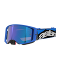 Alpinestars Supertech Stream Goggles, Motocross Off-road Goggles, Bright Blue Frame with Blue Mirror Lens, Wide Blue and Black Strap with White Astars Logo, Grey Foam Padding, Professional Racing Equipment