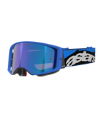 Alpinestars Supertech Stream Goggles, Motocross Off-road Goggles, Bright Blue Frame with Blue Mirror Lens, Wide Blue and Black Strap with White Astars Logo, Grey Foam Padding, Professional Racing Equipment