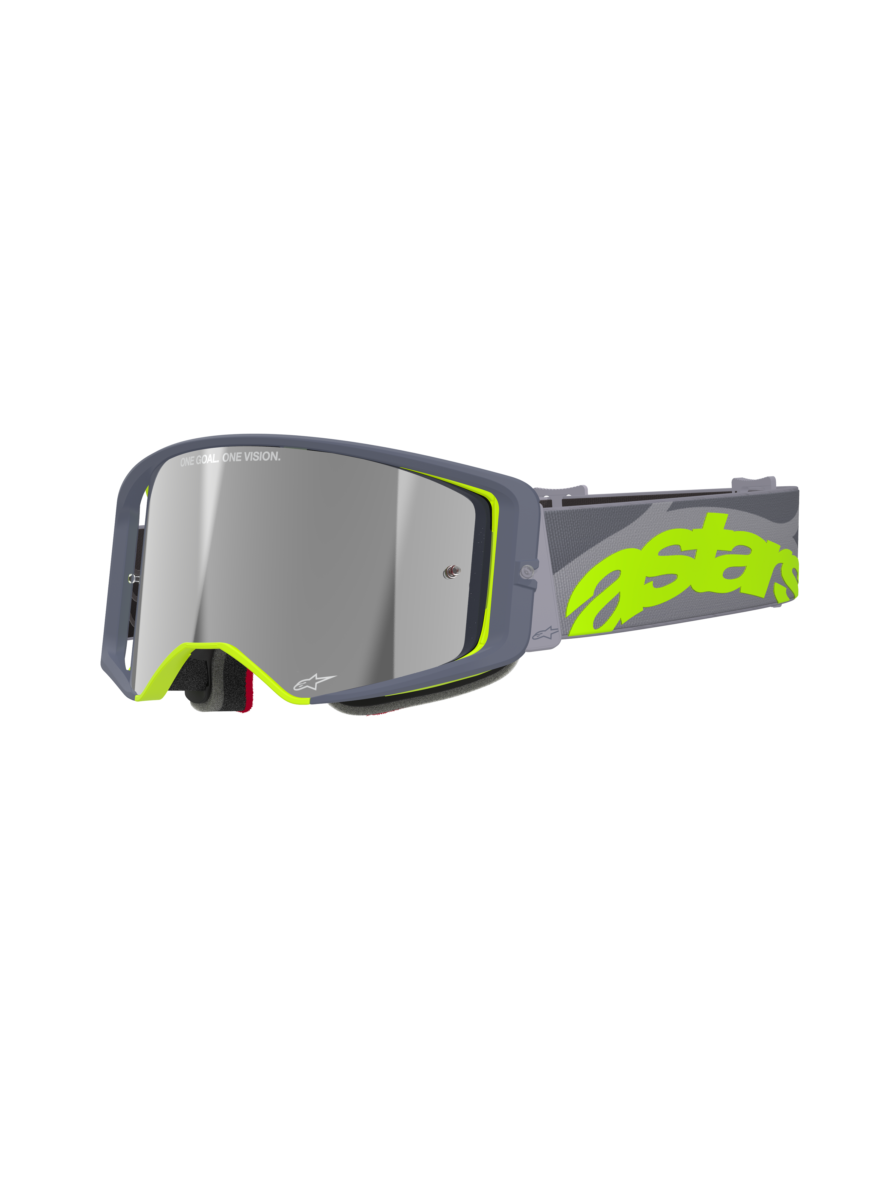 Lunettes Alpinestars Supertech Stream, lunettes de course de motocross MX, gris et jaune fluo, avec écran réfléchissant argenté Mirror Silver, monture large angulaire avec rembourrage en mousse et sangle réglable avec marquage néon audacieux