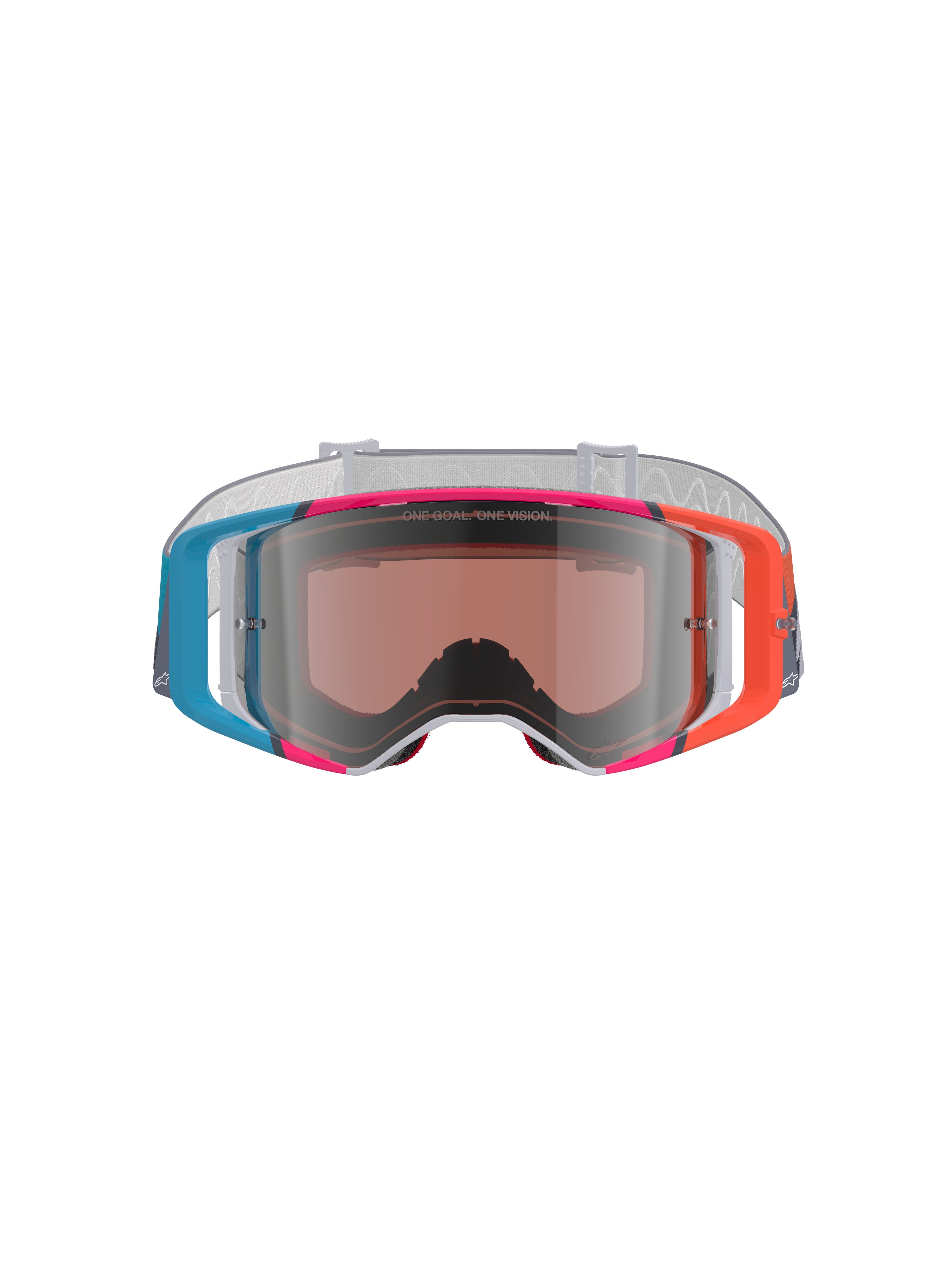 Alpinestars Supertech Stream Goggles, Motocross Goggles, vibrant multi-colored frame with blue, orange, and pink accents, Silver Mirror lens with 'ONE GOAL. ONE VISION.' text, white patterned strap, high-performance eye protection for off-road racing