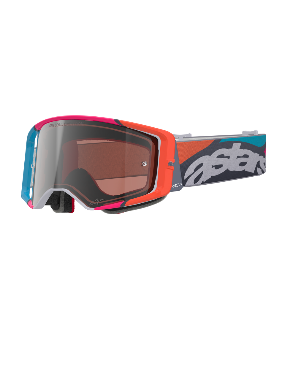 Masque Alpinestars Supertech Stream, lunettes de motocross, monture grise avec accents rouges et bleus vifs, écran Multi Mirror Silver, rembourrage en mousse épaisse, sangle réglable avec logo 'astars' blanc et motifs géométriques colorés, protection oculaire professionnelle.
