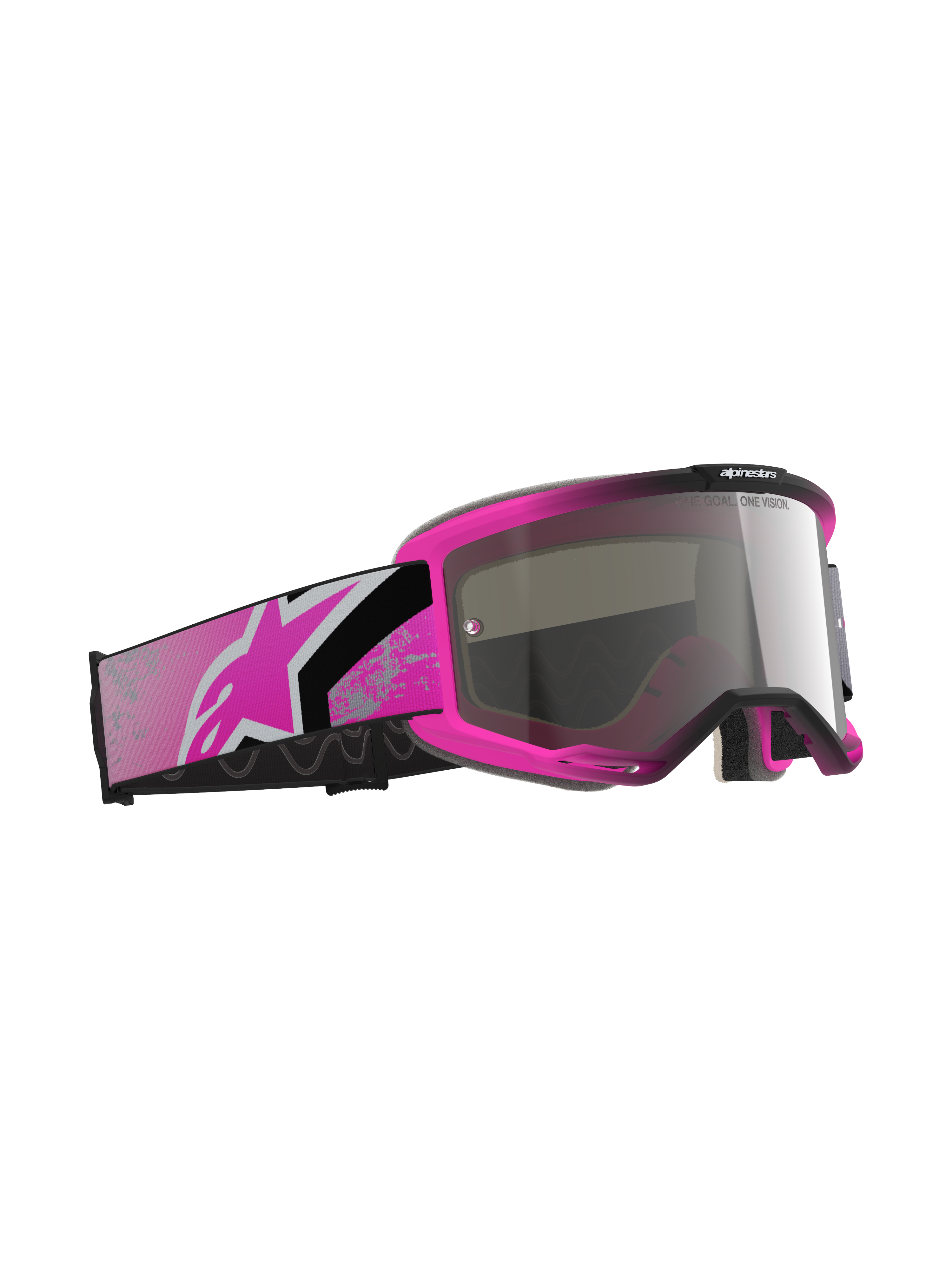 Alpinestars Vision 5 Lahnd Goggles, Motocross Goggles, Iron Pink Fluo and Mirror Silver, bright pink frame with mirrored silver lens, wide pink and black strap featuring a pink Astars logo, off-road racing eyewear