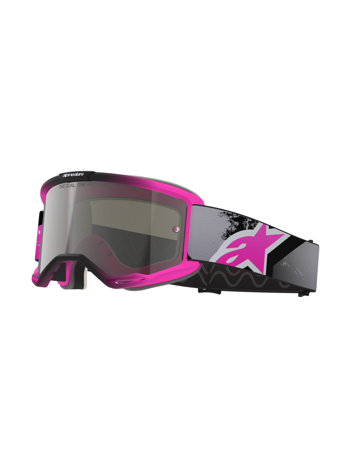 Alpinestars Vision 5 Lahnd Goggles, Motocross Goggles, Iron Pink Fluo and Black, Mirror Silver tinted lens with 'One Goal One Vision' text, adjustable grey strap with large pink logo, ventilated urethane frame for off-road performance
