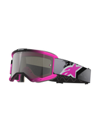 Alpinestars Vision 5 Lahnd Goggles, Motocross Goggles, Iron Pink Fluo and Black, Mirror Silver tinted lens with 'One Goal One Vision' text, adjustable grey strap with large pink logo, ventilated urethane frame for off-road performance