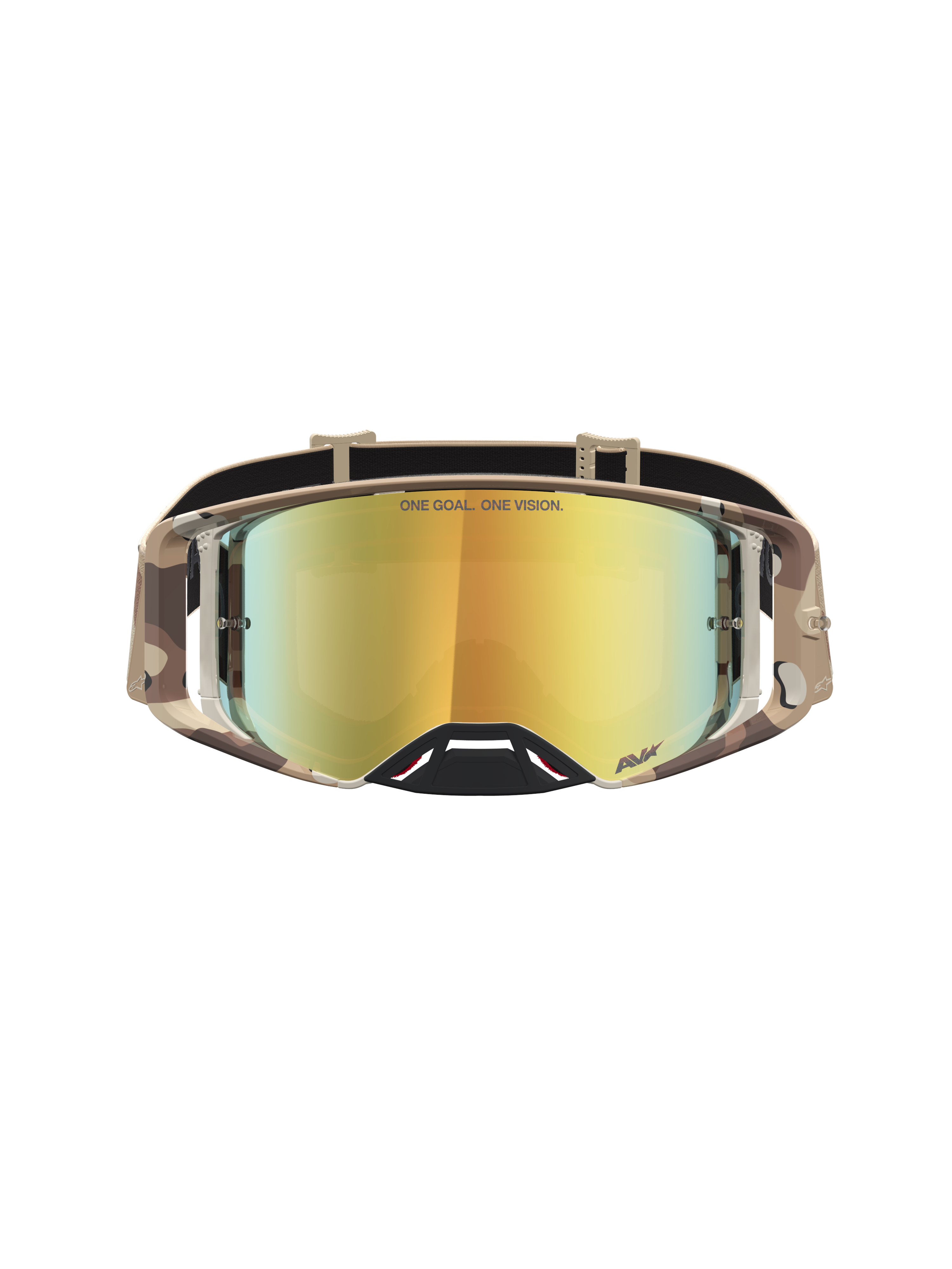 Alpinestars Masque Supertech Lone, masque de motocross camouflage désert et lentille dorée, pour la performance racing.