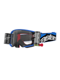 Alpinestars Supertech Stream Goggles, lunettes de motocross, monture bleue avec écran transparent et boîtiers roll-off intégrés, accents internes rouges, sangle bleue et noire avec logo blanc, équipement professionnel pour les courses tout-terrain