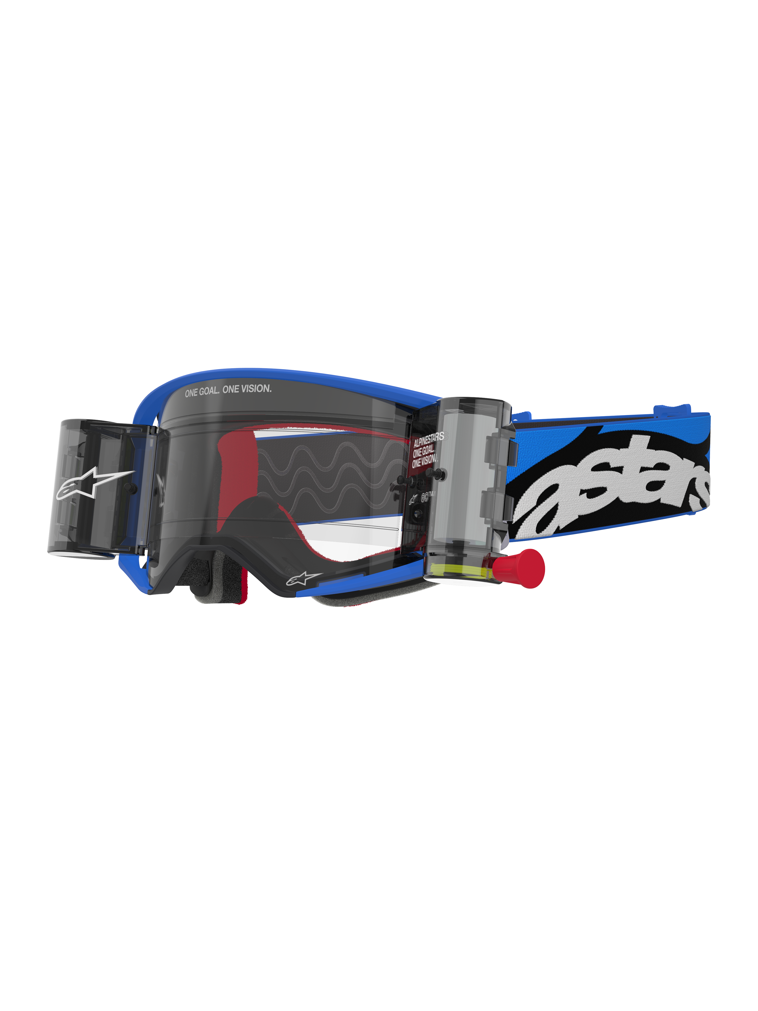 Alpinestars Supertech Stream Goggles, lunettes de motocross, monture bleue avec écran transparent et boîtiers roll-off intégrés, accents internes rouges, sangle bleue et noire avec logo blanc, équipement professionnel pour les courses tout-terrain