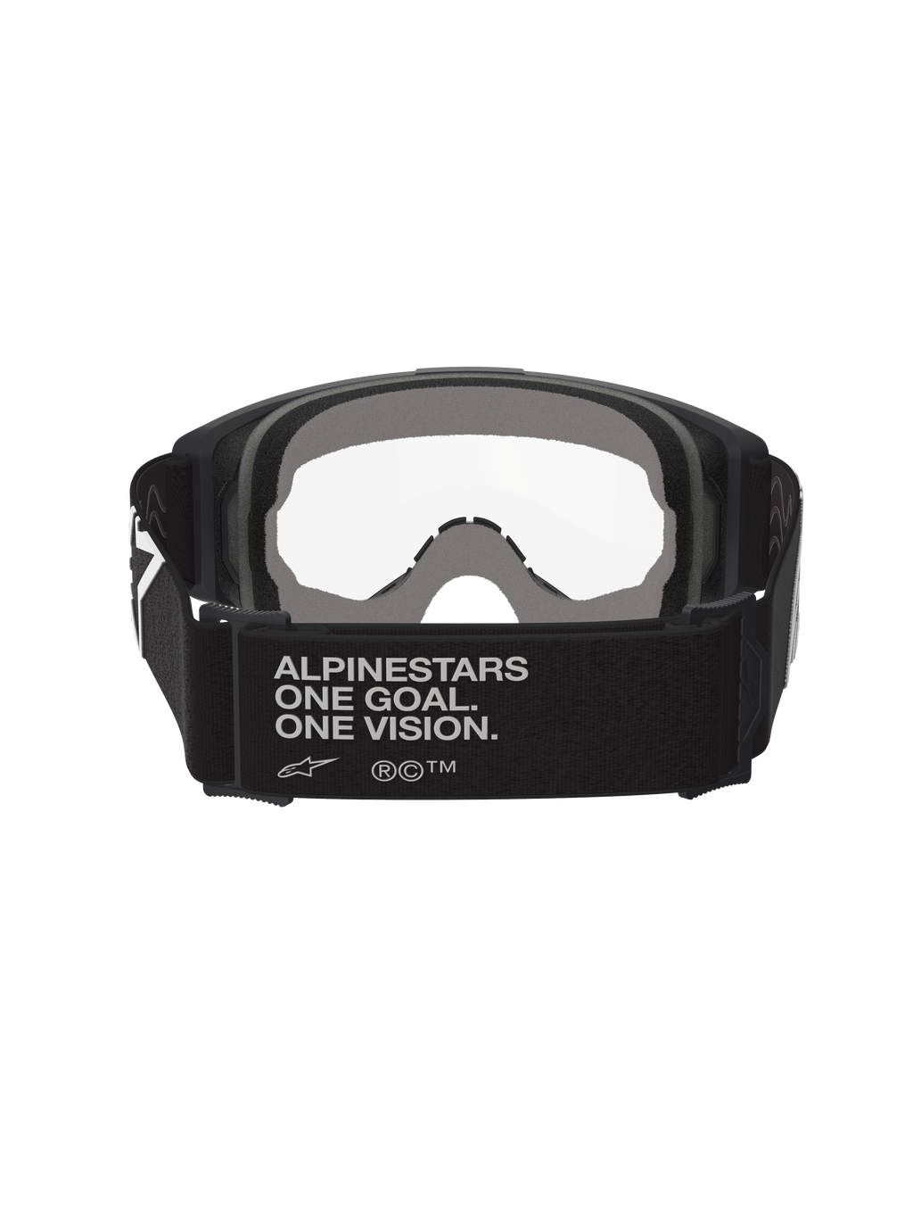 Masque Alpinestars Vision OTG, masque de motocross, noir et gris, vue arrière montrant une large sangle tissée noire avec le slogan de la marque, mousse faciale multicouche grise, écran clair, conçu pour être porté par-dessus des lunettes de vue