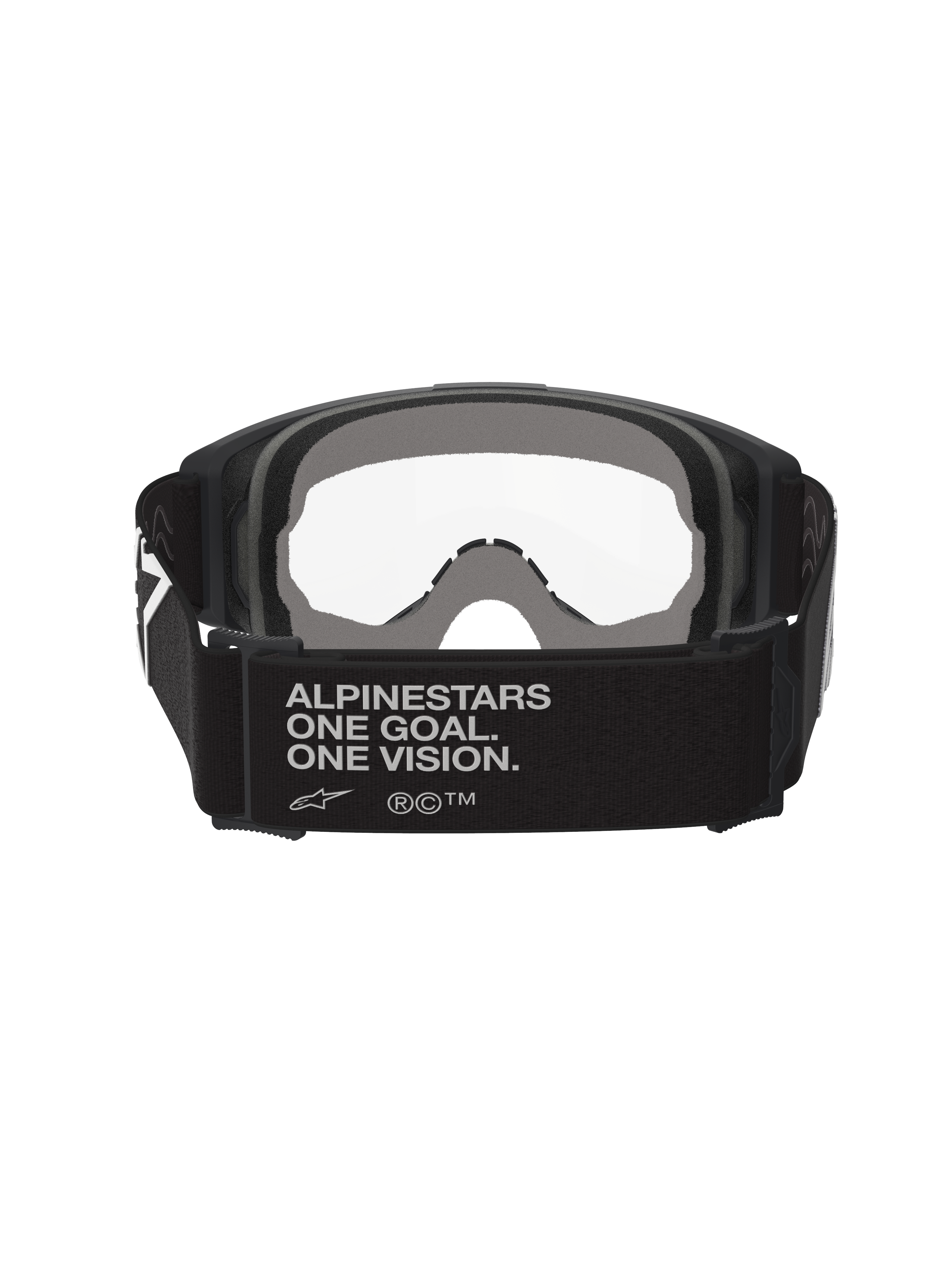 Masque Alpinestars Vision OTG, masque de motocross, noir et gris, vue arrière montrant une large sangle tissée noire avec le slogan de la marque, mousse faciale multicouche grise, écran clair, conçu pour être porté par-dessus des lunettes de vue