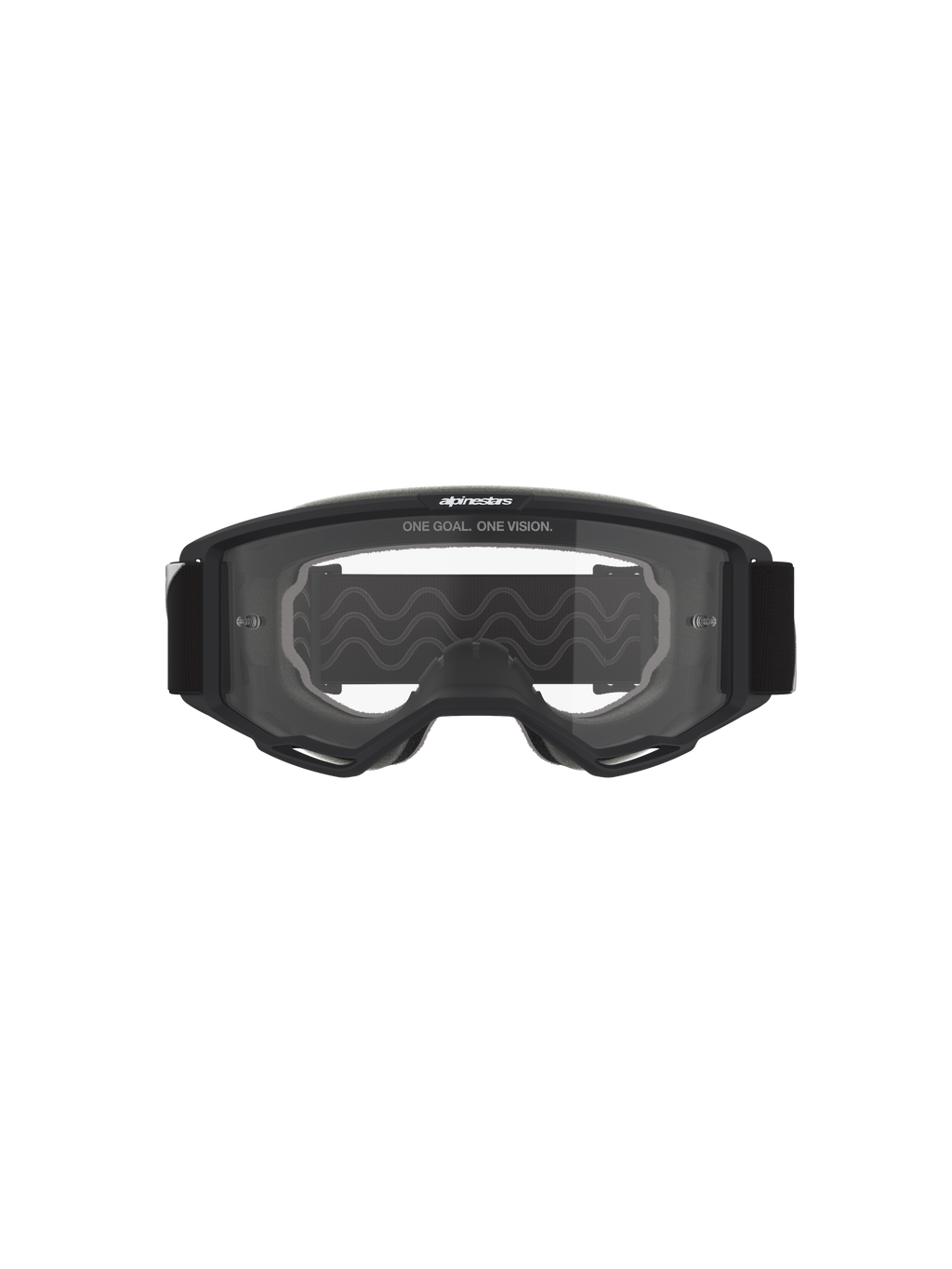 Masque Alpinestars Vision OTG, masque de motocross, monture noire avec écran clair, vue de face présentant le texte 'ONE GOAL. ONE VISION.' et le logo de la marque, structure à volume profond compatible avec les lunettes de vue