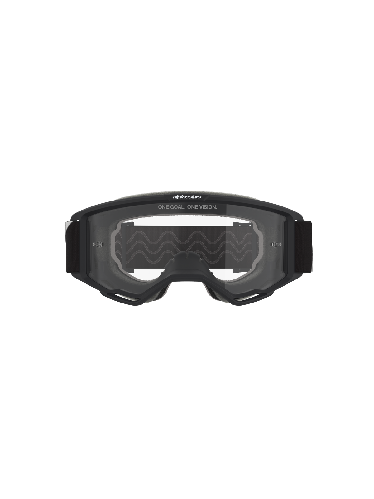 Masque Alpinestars Vision OTG, masque de motocross, monture noire avec écran clair, vue de face présentant le texte 'ONE GOAL. ONE VISION.' et le logo de la marque, structure à volume profond compatible avec les lunettes de vue