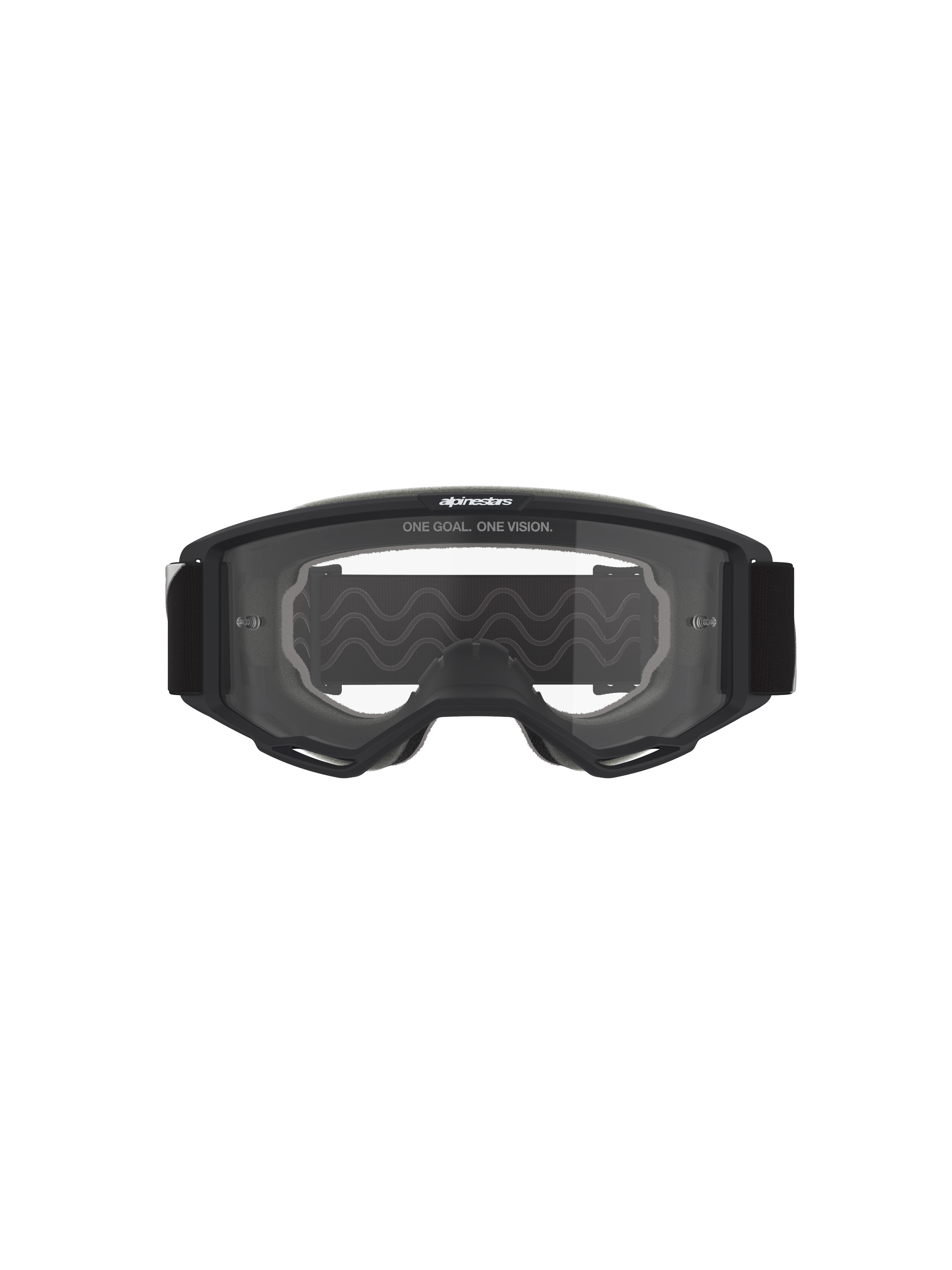 Masque Alpinestars Vision OTG, masque de motocross, monture noire avec écran clair, vue de face présentant le texte 'ONE GOAL. ONE VISION.' et le logo de la marque, structure à volume profond compatible avec les lunettes de vue