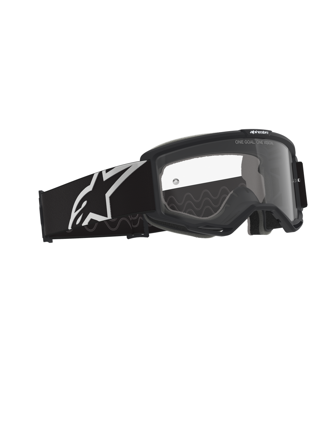 Masque Alpinestars Vision OTG, masque de motocross, noir et gris avec écran clair, monture noire dotée d'un large bandeau avec logo Alpinestars blanc et motif de traction en silicone gris, monture à volume profond pour lunettes de vue, écran anti-buée avec marquages de la marque.
