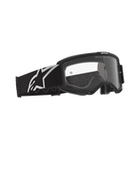 Masque Alpinestars Vision OTG, masque de motocross, noir et gris avec écran clair, monture noire dotée d'un large bandeau avec logo Alpinestars blanc et motif de traction en silicone gris, monture à volume profond pour lunettes de vue, écran anti-buée avec marquages de la marque.