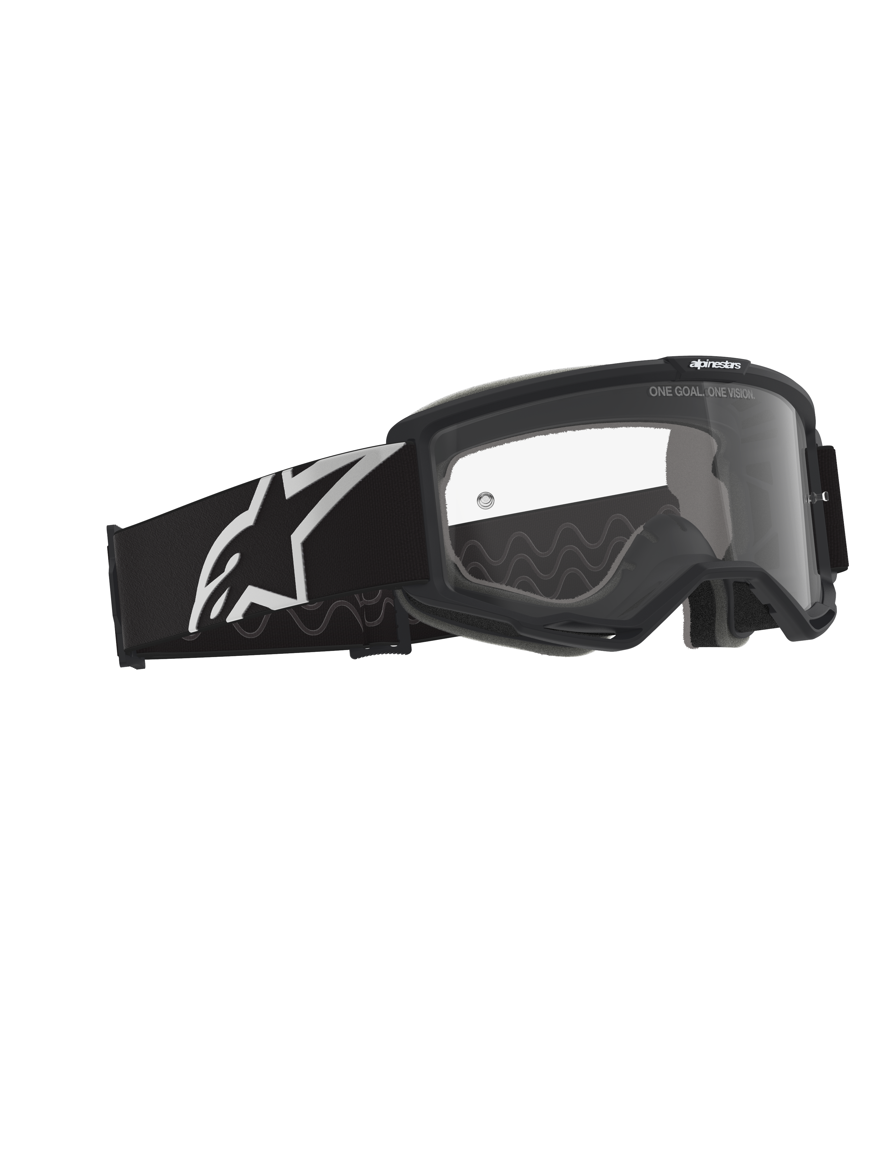Masque Alpinestars Vision OTG, masque de motocross, noir et gris avec écran clair, monture noire dotée d'un large bandeau avec logo Alpinestars blanc et motif de traction en silicone gris, monture à volume profond pour lunettes de vue, écran anti-buée avec marquages de la marque.